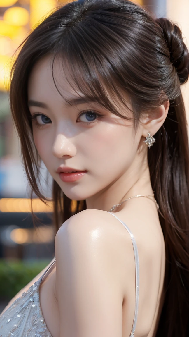 Urban beautiful girl college student, masterpiece, light makeup, red lips, silver hair, messy long hair, street background, beautiful, elegant. super fine details, master works, authentic texture, cinematic lighting realism, perfect job, 16k, hd, exquisite features,blue eyes、japanese idol、beautiful顔、cute smile、brown hair、beautiful hair、ponytail、glamorous、 big breasts、nipple、oily skin、shiny skin、sunburned skin、Shining black skin、sexy camisole,T-back, bright big eyes, smooth skin, earrings, necklace,facing forward