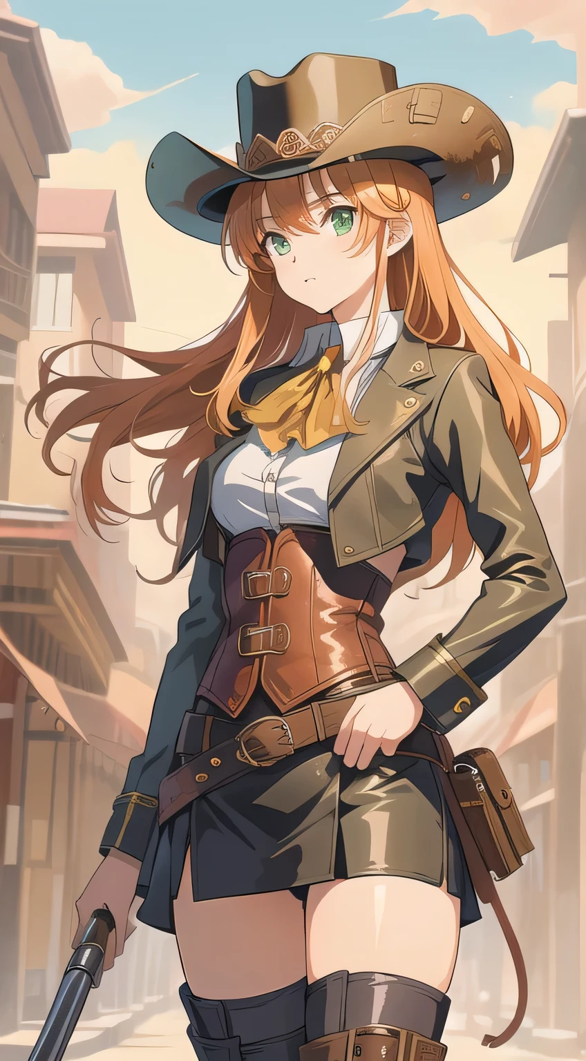 girl, Togashi Yoshihiro inspired , manga style, , Inspired by Koizumi Junsaku,, High Contrast Illustration s, color illustration panel, conductor, High Contrast Illustration , . no text western style miniskirt over GPT boots (western drama) steampunk_costume corset Big Breasts green eyes orange hair Shiny leather clothing white shirt waiting for a traffic light Cowboy Hat shiny leather tight black leather skirt