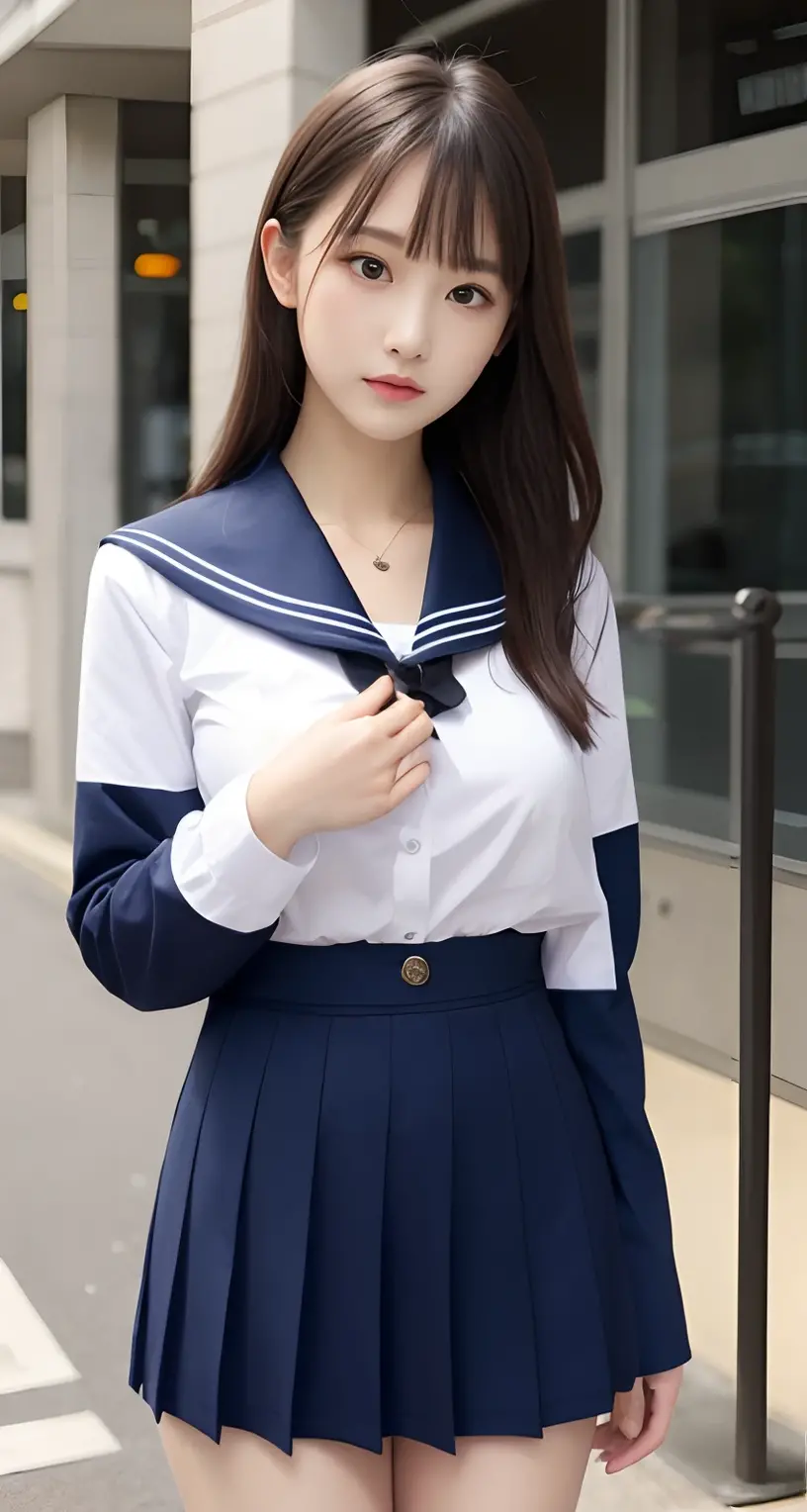 (super highest quality、ultra high resolution、8k、masterpiece:1.3)、beautiful woman with perfect figure:1.4、black hair、school uniform、((sailor suit))、(((((((no background))))))、cute、highly detailed face and skin、fine eyes、double eyelid、thin legs、best smile、(((alone)))、best smile、extraordinary beauty、age is 16 years old、perfect proportions、((raise your index finger))、tilt your face slightly、unparalleled beauty、navy blue skirt、pleated skirt、mini skirt,(pure white background)、Braid、