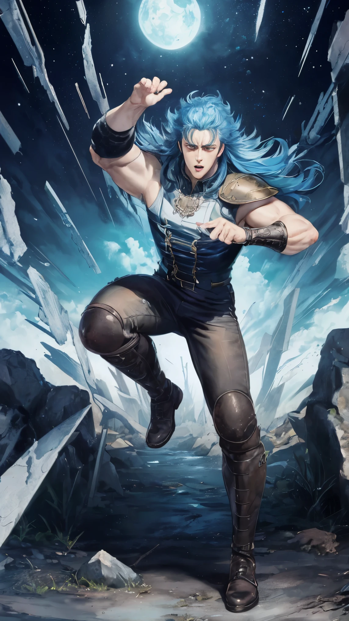 ((Best Quality)),( super high definition),(Super detailed),( detailed description ),((The best CG)),(masterpiece) , rei,1boy,blue metric hair,long hair,curvy hip,full body, in a dynamic pose