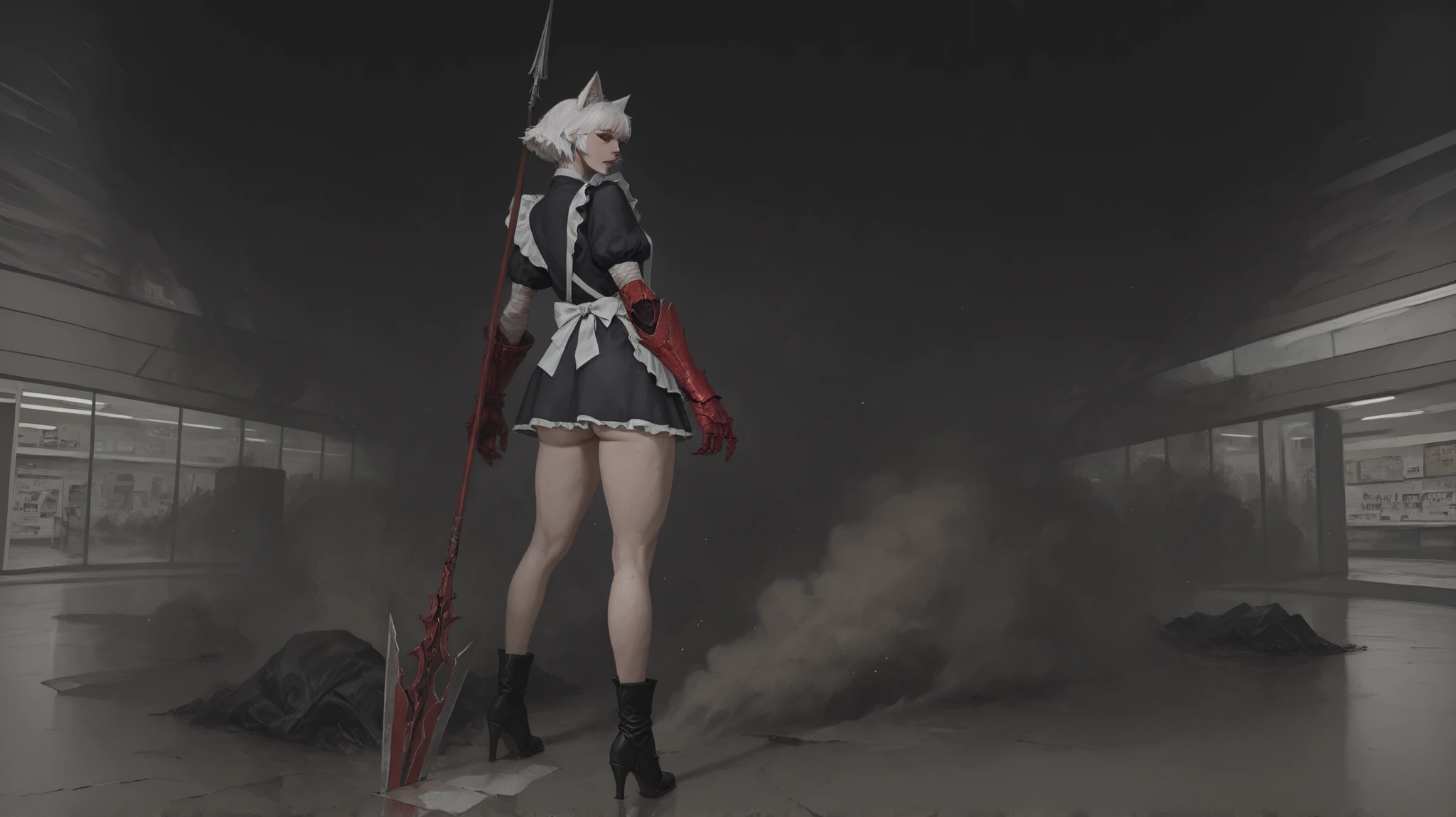 A beautiful girl with cat ears, short white hair, with a long side fringe, ojos rojos, sharp eye, beautiful skin, extremely nice body, ((pretty face)), A maid's uniform, short skirts, (maid) , (A big red gauntlet on the right arm), (left arm without a gauntlet hands bandaged) ( a spear in his hand ), (black boots with heels), beautiful thighs, (She is standing on her back) de fondo un shopping mall abandonado, stagnant water, Moldy walls, gray colors, dust, Particles , strokes of volumetric light, (Post Apocalyptic Environment), (Derrumbe), , (shopping mall), (Garbage on the floor)