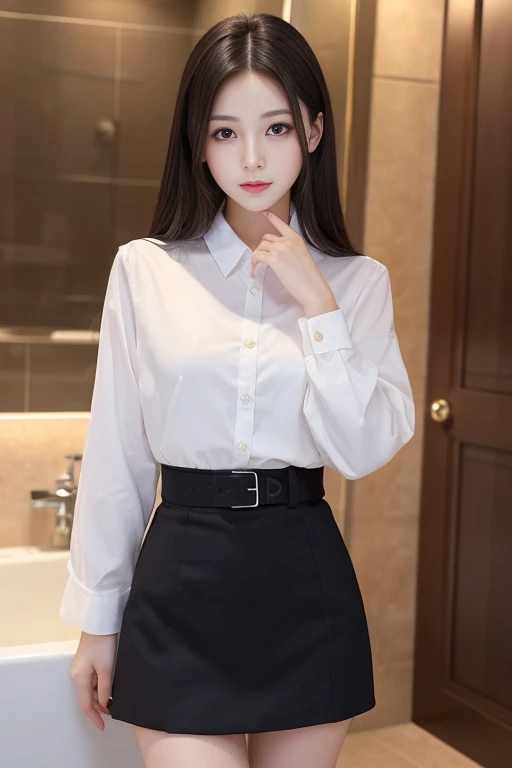 Korean school uniform,summer uniform shirt,Ribbon Ties,a skirt,School Classroom,school stairs,Chest lift,Show breast poses,8K Raw photograph,A high resolution,16 years old silicone Korea,Expressionless,vacant eyes,Skin is made of waxy material,Very large round breasts,beautiful eyes in detail,long eyelasher,beautiful double eyelid,eye shadows,eyeline,cut off eyes,elongate eye shape,Sanpaku eyes,evilsmile,Evil expression, The legs are very thin and beautiful,The thighs are very thin and beautiful,Feel free to keep your hair short,Hair tied behind the head,ear nipple ring,(messy shortt hair),Has gray eyes(with black curled hair)