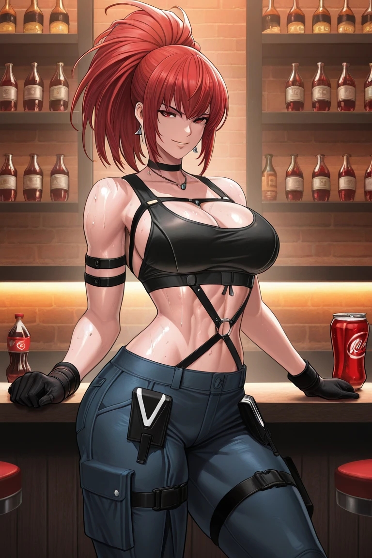 pokemonsonia, aqua eyes, heart, heart hair ornament, orange hair, side ponytail, swept bangs, smile,
earrings, necklace, large breasts, long hair,, blush, lipstick, Hot girl, baddie, staring, glaring, bad attitude, mean girl, crazy, smoking, sensual, attractive, bar background, inside bar, indoor, lipstick, makeup, black eyeshadow,  perfect eyes, perfect face, jewelry, earrings, masterpiece,high quality,4k, bare shoulder,belly,crop top,holding pistol,cleavage,casual dress, bar background, inside bar, indoor,smile, open mouth, evil expression, exposed belly, exposed navel, exposed midriff, exposed lower belly, crop top overhang, underboob,jacket, unbuttoned jeans , low rise black jeans, Low rise jeans, Low rise jeans with open fly, navel piercing