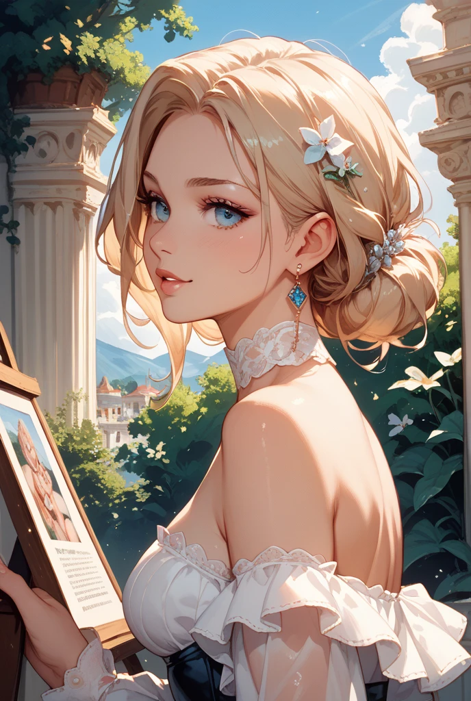 Portrait of a European woman's face, with long coiled hair, blonde with blue eyes, Flower frame, Decorative panels, Abstract, author:An Alphonse Mucha's (tmasterpiece, Best quality, A high resolution: 1.4), Detailed pubic hair, Complicated details, 4K, splash of color, line art, Fibonacci, wear lingerie