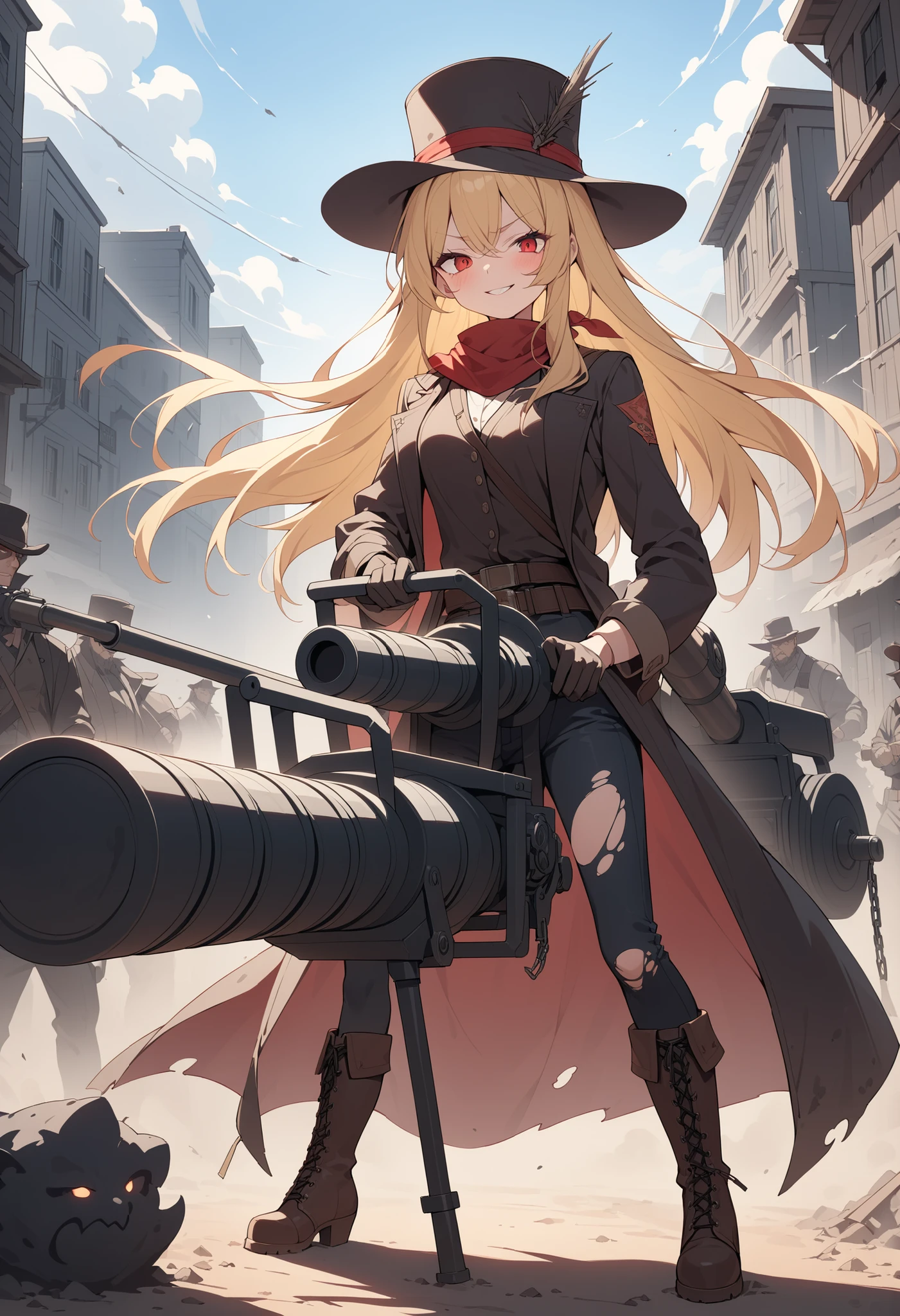 ((best quality)), ((masterpiece)), (detailed), perfect face, Western movie, Gatling gun, gunman, Ten-gallon hat, blonde, long hair, untrimmed, he gunslinger stands at the edge of town, her wide-brimmed hat pulled low to hide a smirk that dares anyone to challenge her. A tattered, blood-red bandana clings to her neck, the only flash of color against her worn, dust-caked shirt. Over it, a scarred leather vest hugs her frame, battered from countless shootouts and brawls. Her dark, ripped trousers are shoved into scuffed cowboy boots, each step jangling with the sharp, metallic clink of heavy spurs. Slung across her shoulder is a belt heavy with ammunition, cartridges rattling softly with every movement. In her gloved hands, she grips a compact Gatling gun, its barrels blackened with soot and ready to roar. A long, shredded duster coat snaps in the dry wind behind her, the fabric stained and torn like the remnants of an old battle flag. Her eyes are sharp, cold, and unafraid. She doesn’t flinch. She doesn´t blink. Out here, law is just a rumor — and she is the storm that buries it.
