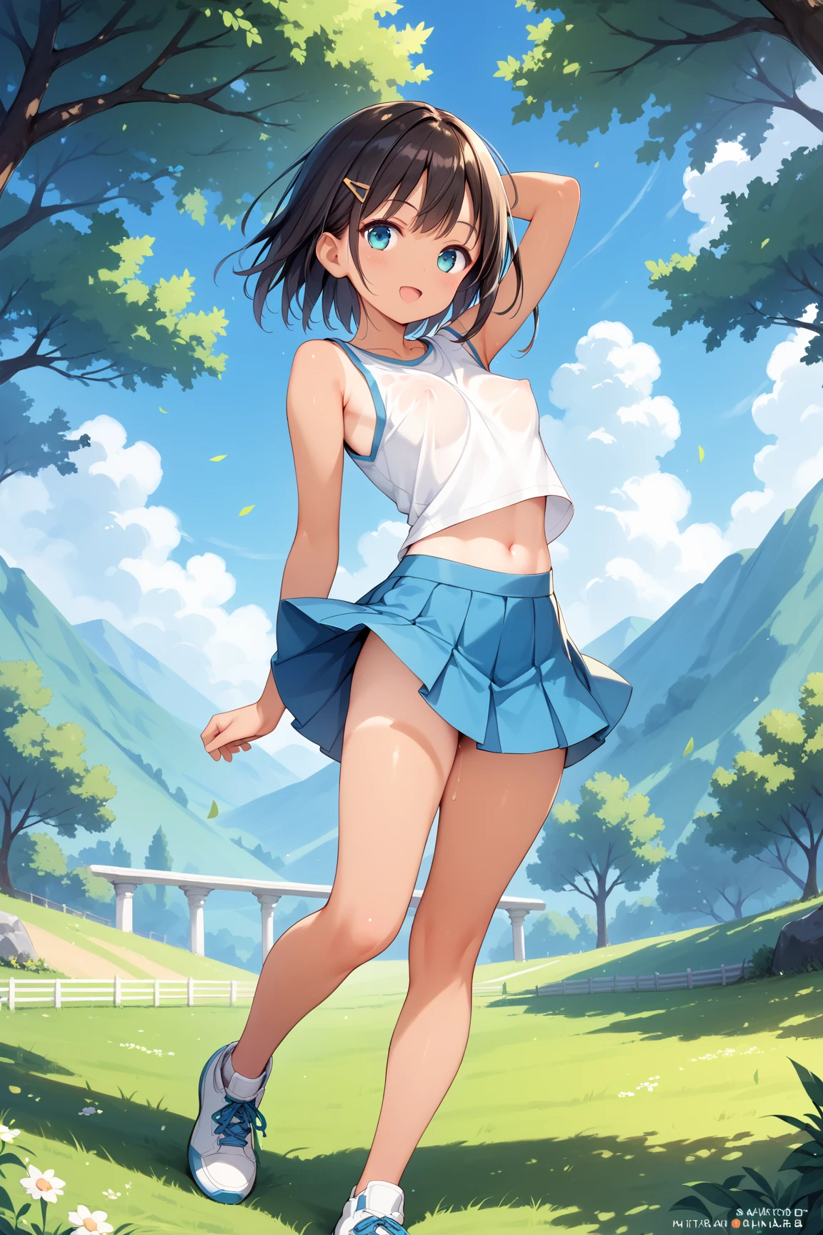 best quality,1girl,((,small breasts,loli:1.3)),y,((orgasm,blush:1.3)),angry,sweat,Arisu Tachibana,black hair, long hair,hair ribbon, ((white tank top,blue skirt,mini skirt,lift skirt,upskirt,kneehighs,white panties,lace panties:1.1)),((walking:1.1)),forest,forest林