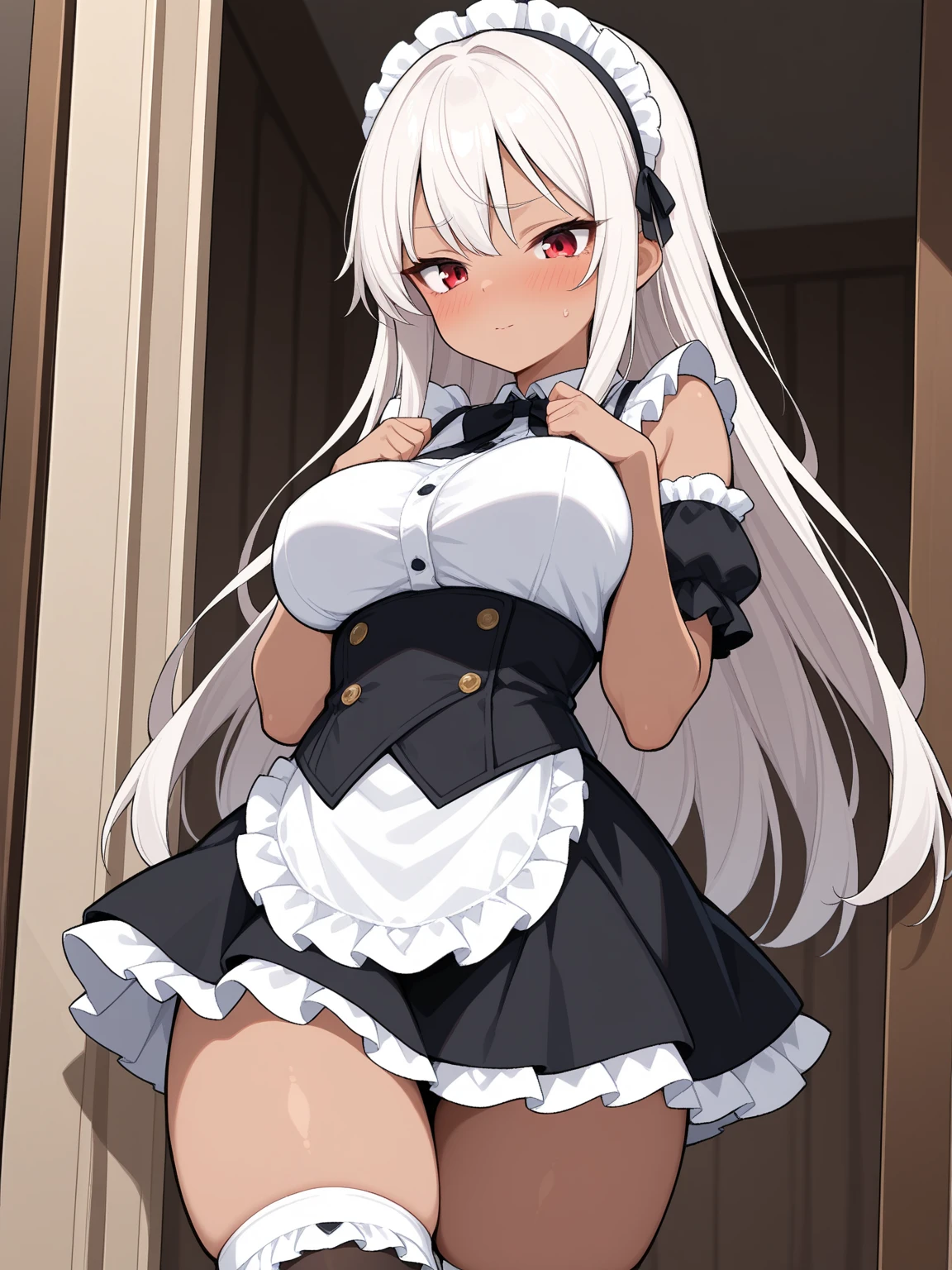 score_9, score_8, score_7, source_anime, BREAK from_anime, 1girl, solo, dark-skinned female, maid outfit, skirt lift, indoors, evening, cinematic angle, cinematic lighting, masterpiece, best quality