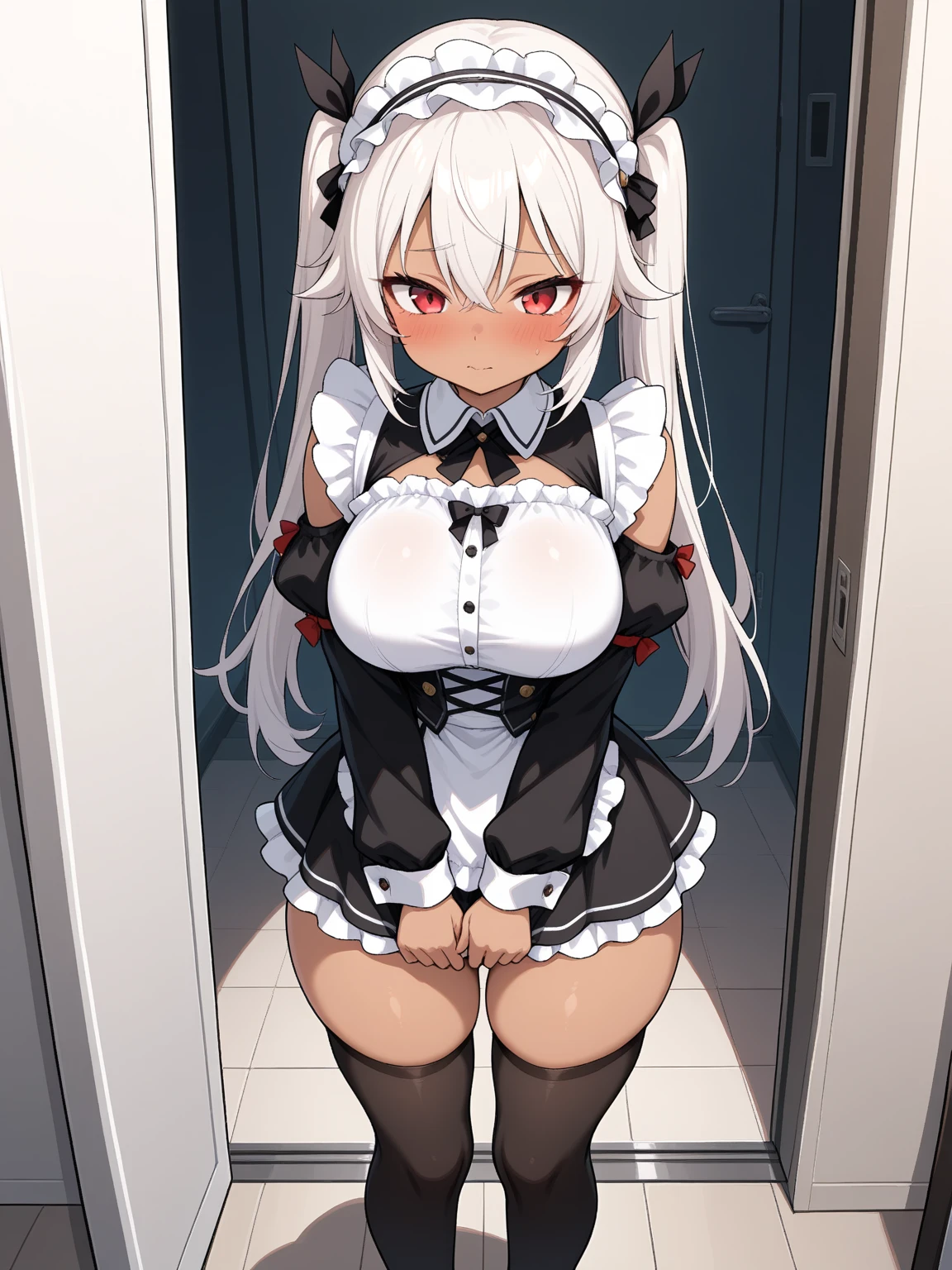 muste piece、masterpiece、highest quality、Super detailed、High resolution、8K portrait、High definition CG of Unity 8k wallpaper、cute type little:1.5、Lori:1.5、Highly detailed CG unity 8k wallpaper、Realistic、real person、 portrait photography、shiny skin、High definition、(:1.2)、(1 girl)、beautiful clear eyes、extremely detailed description、delicate face、nice lips、slender body、medium breasts 同 thin waist、thin legs、(Hallway of the mansion:1.6)、1 girl, cute type, perfect face, seriously, (blush:1.5),(silver hair long hair:1.3),medium breasts 同,((Maid clothes:1.4)),((clothes lift:1.5)), (I have nipples:1.2),((climax in vagina:1.5)),(from front:1.2),gran,(arms behind back:1.3)