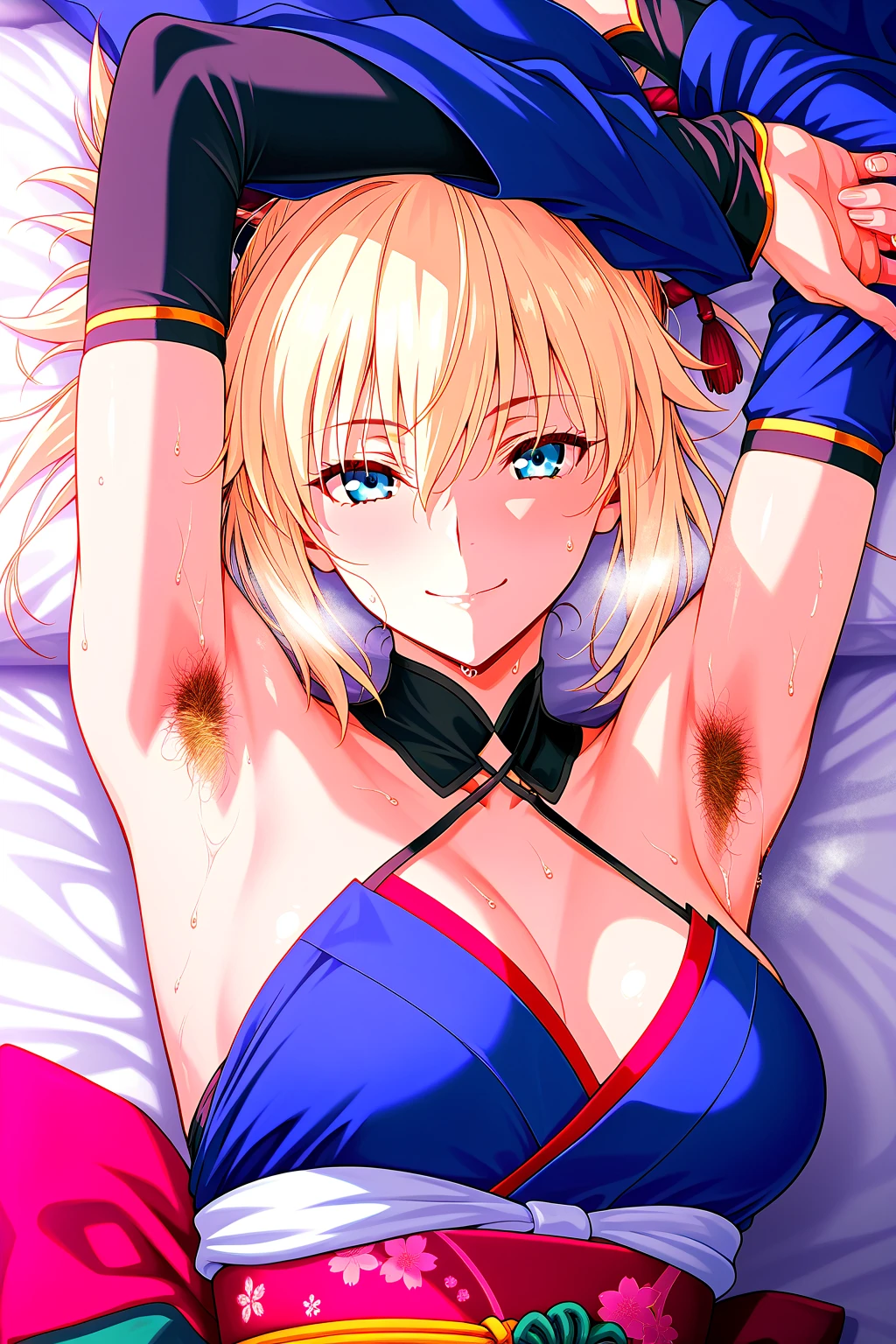 Highest quality, masterpiece, 4K, Highly detailed face, Highly detailed skin, Highly detailed wallpaper, Japanese anime, Second Dimension, Small face, Fine skin, Very beautiful cleavage, NSFW, whole body, One girl, Embarrassed face, On the bed, Blonde, Yu-Gi-Oh, Black Magician Girl, Sweaty, Cosplay, , mini skirt, Gestures to seduce a man, Spread your legs in an M shape