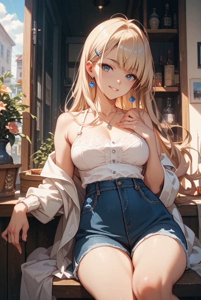(masterpiece), (best quality, High resolution, Very detailed, illustration), 1 girl, alone, City, contemporary, Profile picture close-up, Blonde beige long hair, Green eyes, Beautiful and delicate eyes, Squat, earphone, 8K, Hot topics on artstation, Recommended on Pixiv
