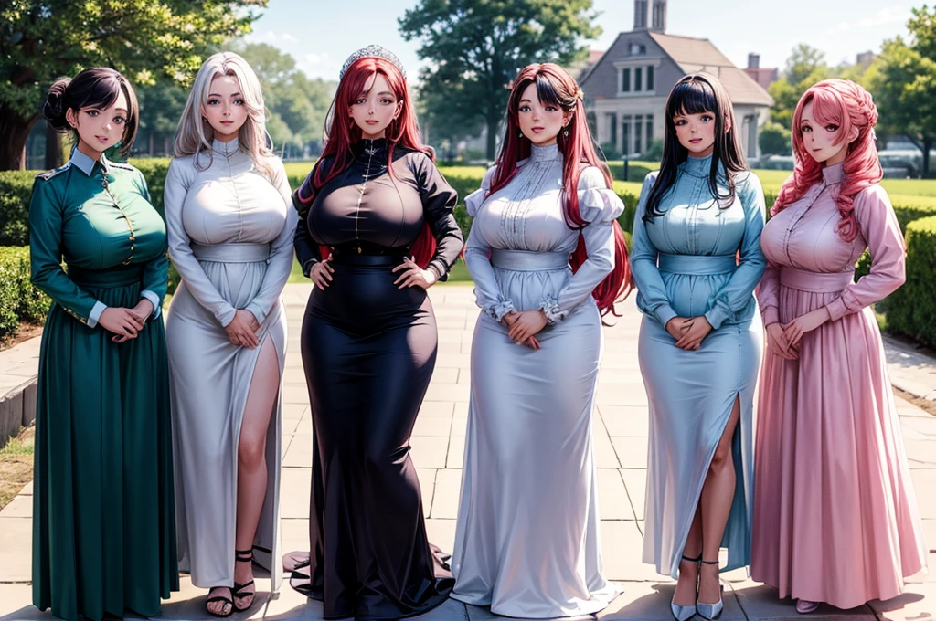 High detailed, 4 girls, different colored hairs, different hairstyles, busty, firm plump body, matching uniforms, matching physique, long dress, Juliet sleeves, posing together, group of 4 girls
