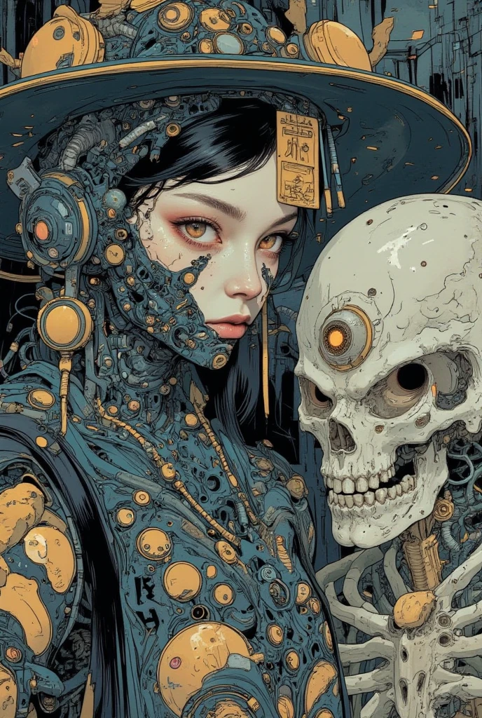 designed by greg manchess,smoke, girlï¼long hairï¼Skeletons, electronic demons, cyberpunk, characters, future space, aurora, complex designs, very, trending on art station, photoreal, 8 k, octane render by greg rutkowski, art by Carne Griffiths and Wadim Kashin ,in the style of Dau-al-Set, Pollock, and inspired by MAPPA and Zdzislaw Beksinski,