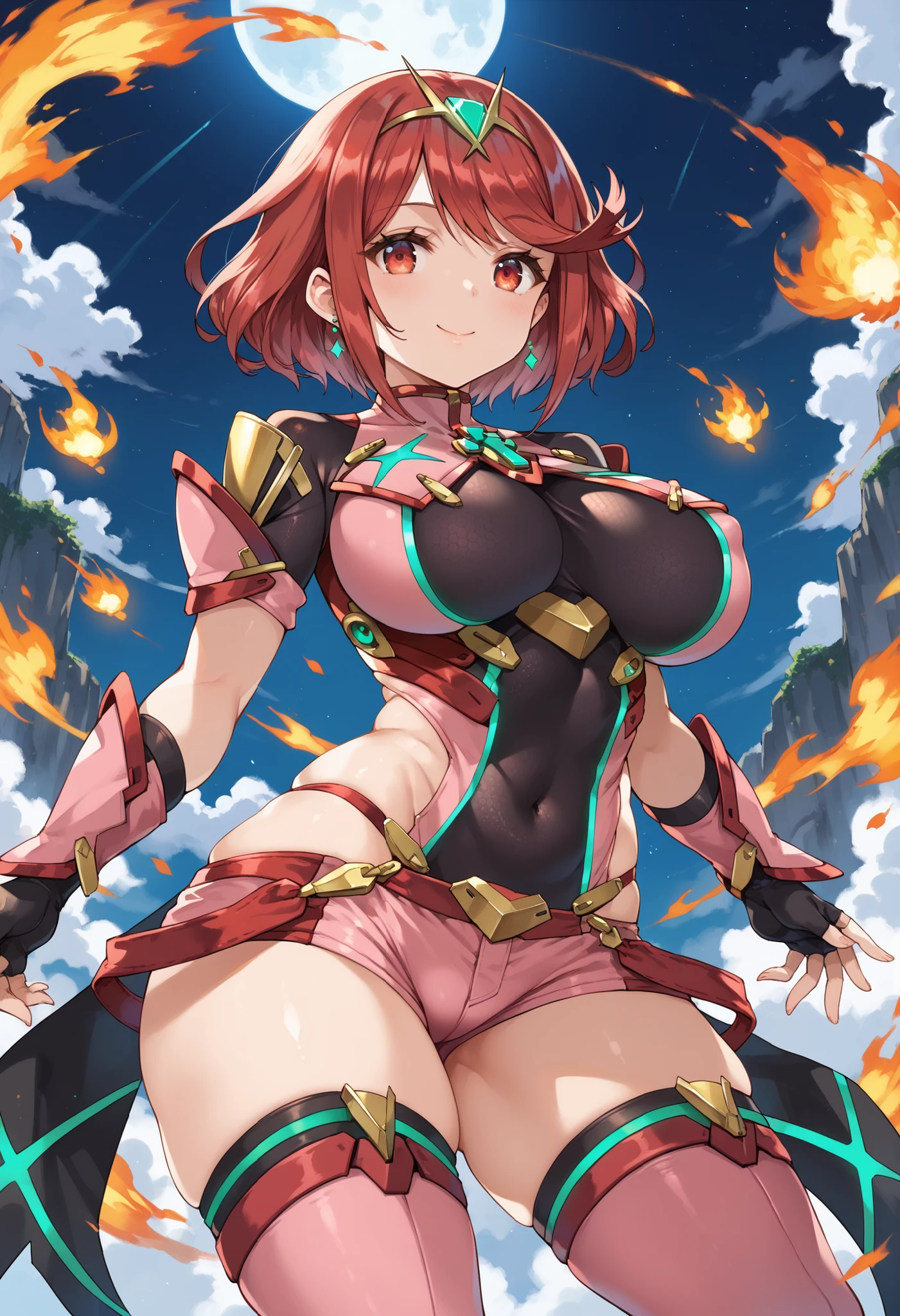 pyra \(xenoblade\), teen_1girl, armor, bangs, black gloves, breasts, red eyes, closed mouth, earrings, eyelashes, fingerless gloves, floating hair, framed breasts, gem, gloves, hair ornament, headpiece, jewelry, big_breasts, leaning back, leotard, neon trim, official art, pose, red hair, red shorts, saitou masatsugu, short hair, short shorts, short sleeves, shorts, sidelocks, skin tight, solo, standing, swept bangs, thighhighs, tiara, night_prairie_background, turtleneck, underbust, vambraces, xenoblade chronicles \(series\), (xenoblade chronicles 2), apart_legs, fire_effect,dynamic_pose_fighting,light_smile, (plump:1.1), big_ass,huge_sword, hold_large_sword_hilt, solo, covered_nipples, covered_pussy,open_mouth,