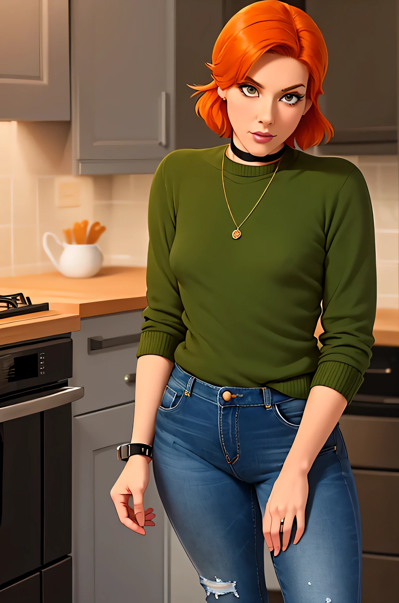 Anastasia, (Anastasia:1.5), masterpiece cartoon, (masterpiece cartoon:1.3), detailed, realistic, (realistic:1.3), 1girl, solo, (solo:1.9), 30 years old, in a home kitchen, (in a home kitchen:1.5), orange hair, (orange hair:1.5), short hair, (short hair:1.5), wearing choker collar, (wearing choker collar:1.5), wearing green sweater, (wearing green sweater:1.5), wearing blue jeans, (wearing blue jeans:1.5), thin body, small breasts, (small breasts:1.5),