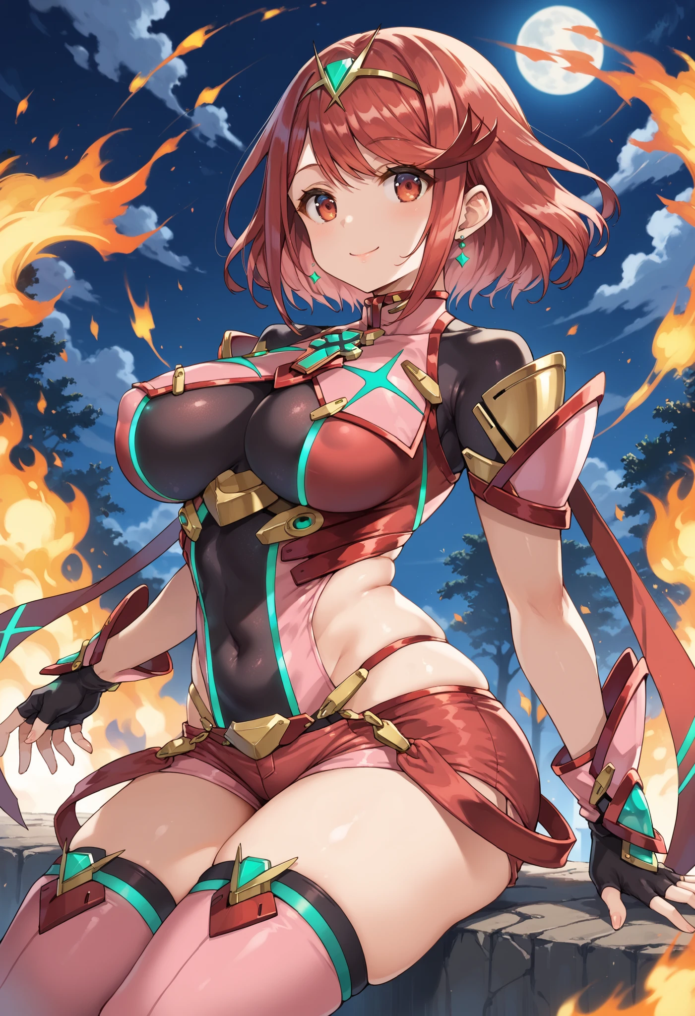 pyra \(xenoblade\), young_teen_1girl, armor, bangs, black gloves, breasts, red eyes, closed mouth, earrings, eyelashes, fingerless gloves, floating hair, framed breasts, gem, gloves, hair ornament, headpiece, jewelry, big_breasts, leaning back, leotard, neon trim, official art, pose, red hair, red shorts, saitou masatsugu, short hair, short shorts, short sleeves, shorts, sidelocks, skin tight, solo, standing, swept bangs, thighhighs, tiara, night_prairie_background, turtleneck, underbust, vambraces, xenoblade chronicles \(series\), (xenoblade chronicles 2), apart_legs, fire_effect,dynamic_pose_fighting,light_smile, (plump:1.1), big_ass,huge_sword, hold_large_sword_hilt, solo, covered_nipples, covered_pussy,open_mouth,back_view,