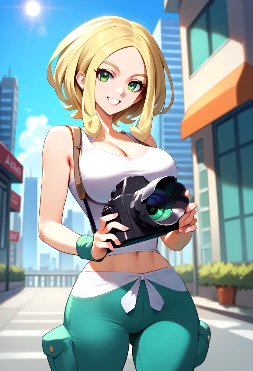 Holding a camera in his right hand、bionde、（Huge breasts）、entrepreneur、Highest quality,masterpiece,original,Plain background,View your viewers,1 Woman,(alone:1.5),woman,woman、Wearing a cyberpunk costume, Filling this vibrant and colorful scene.smile、It expresses strength and underlying joy....。 This digital illustration is rendered in high resolution...., It is being talked about as a masterpiece of the anime genre on Artstation.