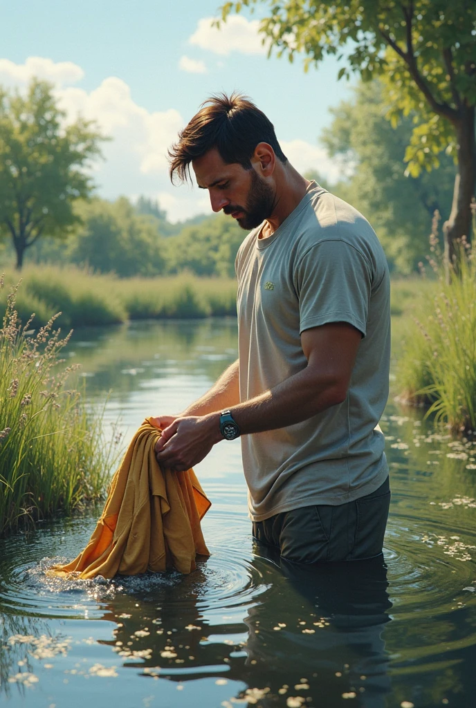 A handsome man washing his clothes in the field naked holding his clothes by a wire to dry