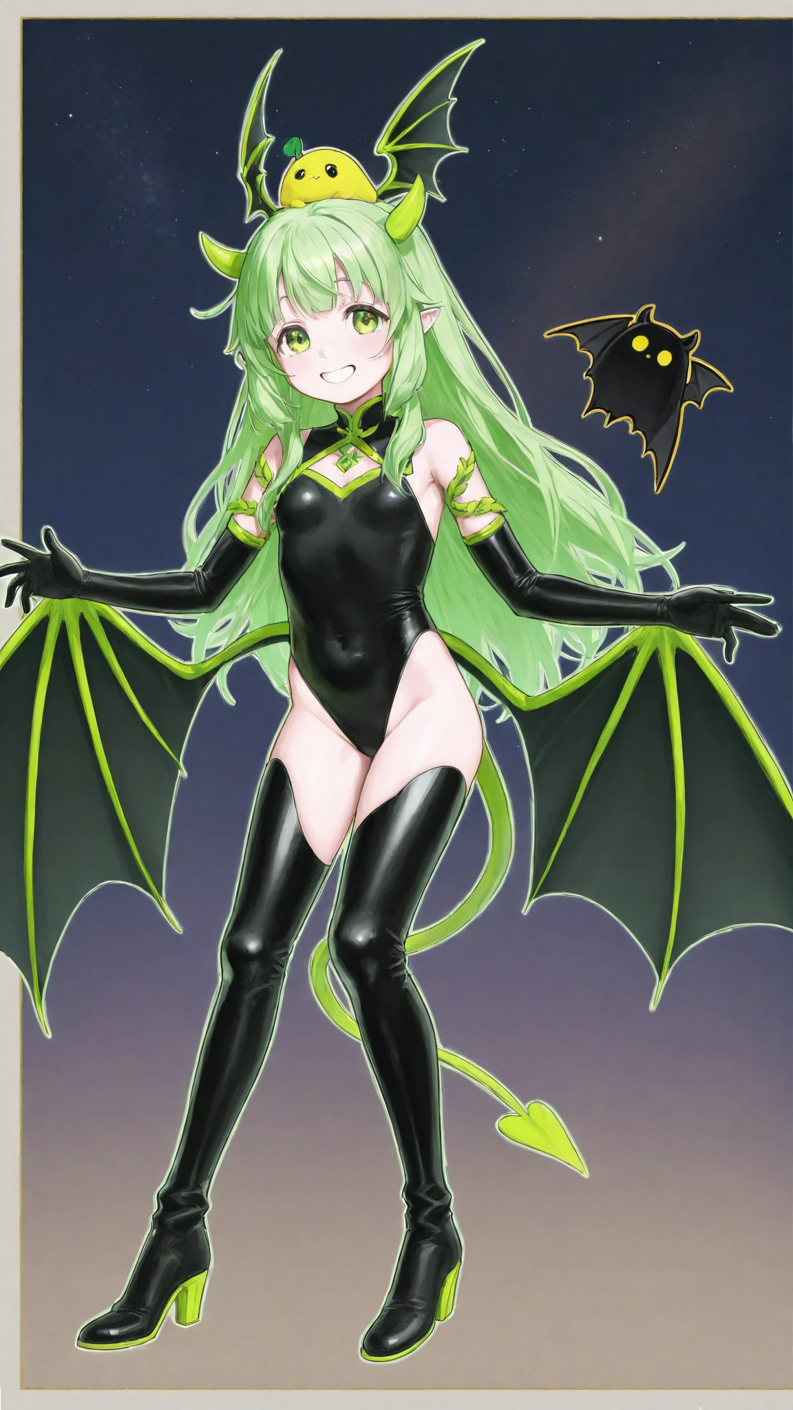 1girl, Morrigan_Aensland, beautiful face, pretty, green hair, long hair, straight hair, hair bang, straight hair bang, pink eyes, mature woman, mommy, big tits, demon, succubus, demon wings, head wings, smiling sadistically, evil smile, black leotard, latex leotard, black stockings, latex stockings, big thighs