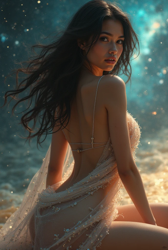 by rella, by Yoshitaka Amano, 1girl, smiley face smile on face, huge breasts, hot body curves, beautiful flowers, buxom, indian super model, photo of slim girl, photo of slim girl, 2 4 year old female model, 1 8, beautiful woman body, beautiful sexy woman photo, provocative indian, beautiful face, parted lips, flat chest, splashing collarbone, detailed long hair, floating hair, wind effect, strapless, bare shoulders, white dress, wet dress, designed by Joseph Stella, standing on lake, water, barefoot, ripples, soft shadows, blue sky, cloud, cloudy sky, starry sky, space, nebula, aurora, milky way, petals, flowers, Butterfly, Blue Butterfly, particle, looking away, from side, [realistic:photorealistic:0.6], beautiful, aesthetic, elegance, ethereal beauty, transparent, clarity, detailed, intricate details, absurdres, beautiful color, masterpiece, amazing quality, best quality, high quality, 4K, 8K, K, UHD,