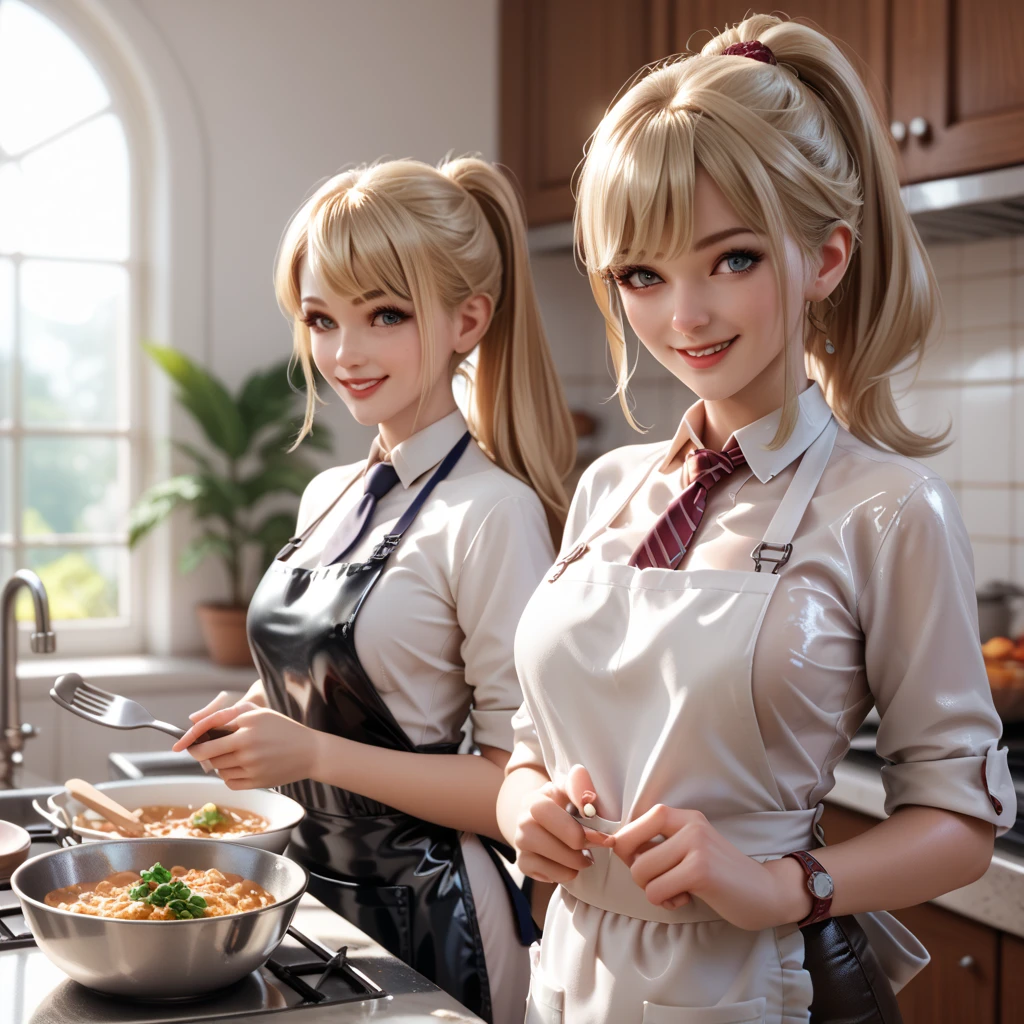 2 girls,  buttoned into extremely tight shiny latex blouse, Necktie, Lens reflection,  reflecting light , high resolution,  masterpiece,  double ponytails,  blonde hair , smile,  are in the apartment standing in the kitchen and cooking, Striped patterns , 