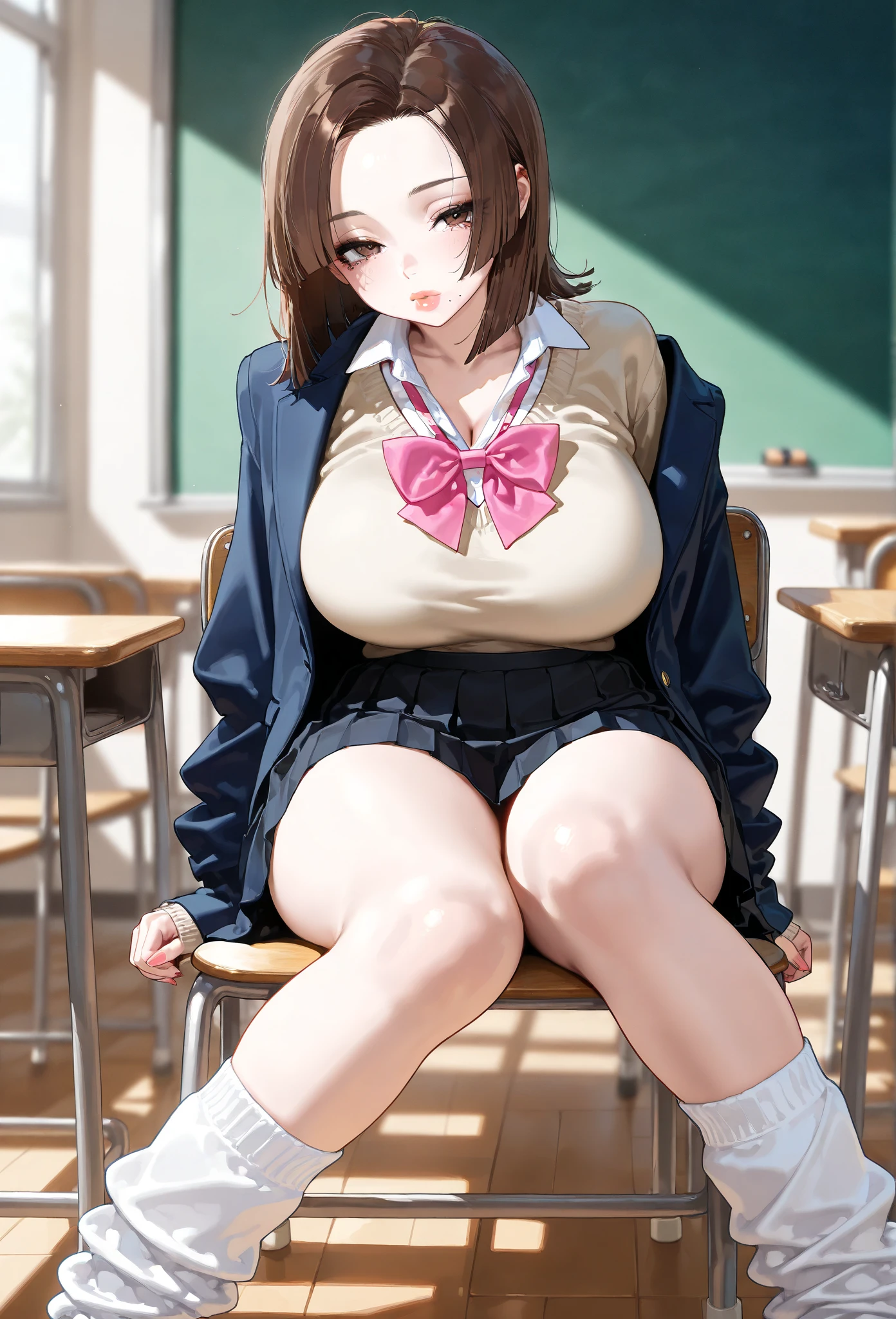 (((Spread your legs))、(((Accentuate the crotch、Shiny underwear)))、Highest quality, 8k, masterpiece :1.3)), whole body, Sharp focus :One Girl,Glowing Skin,SSexy pose,Highest quality,Tabletop,shape,Very delicate and beautiful,Hmph,8k壁紙,wonderful,In detail,Official Art,Very detailedなティッカーUnity 8k壁紙,Incredibly ridiculous,Large file size,Very detailedな,High resolution,Very detailed,Beautiful detailed girl,Realistic,X-ray,The queue is full,(((Uniform Blazer、mini skirt)))、(((Big Breasts、Black Hair)))、(((School、classroom、Wearing loose socks)))、Stand upright、Cleavage , ((Black Hair、loose sox))、Uniform Blazer、Sexy pose、Hairstyle: Ponytail、both hands、長いWearing loose socks