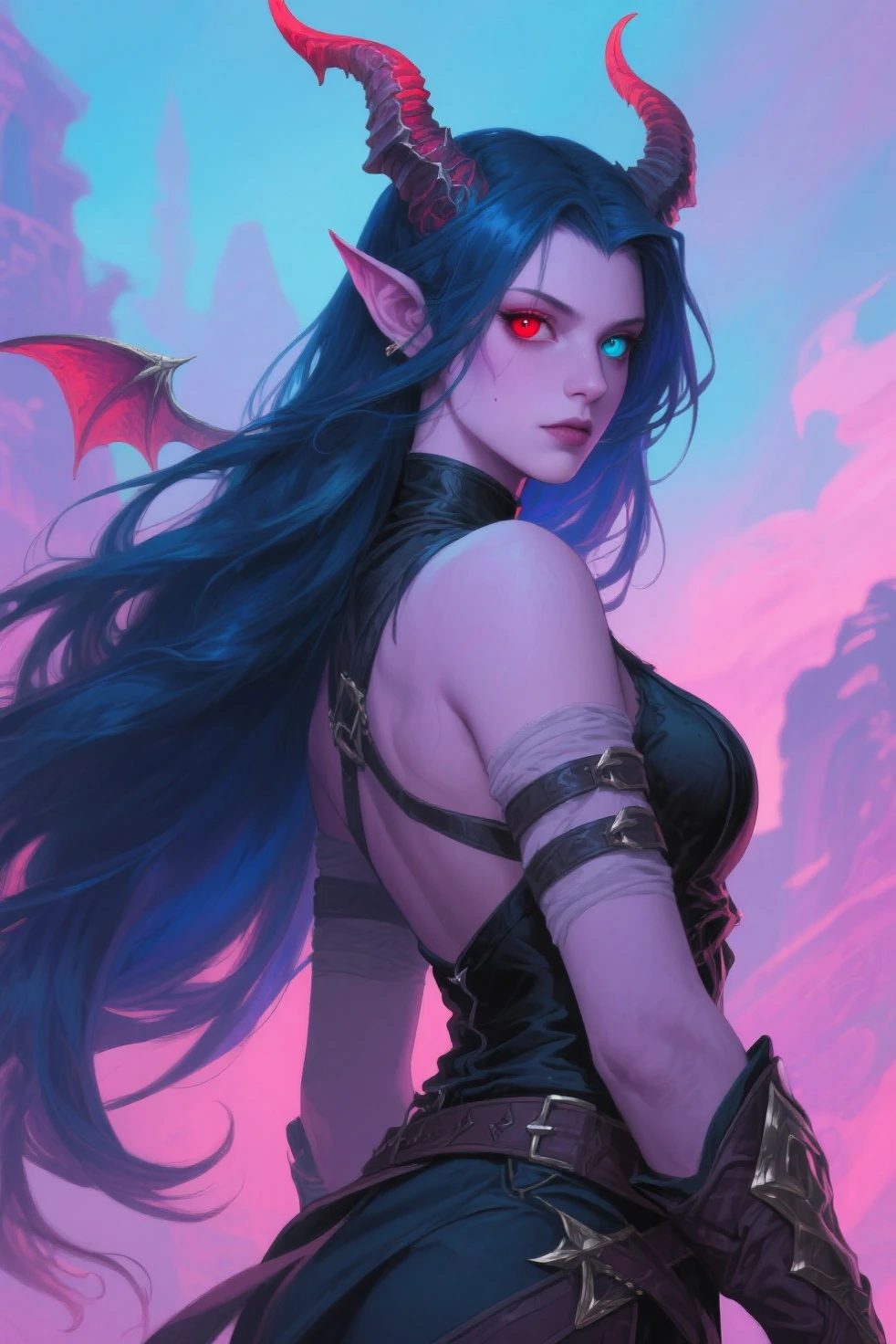 hyper-realistic of a mysterious woman with long magenta hair, ears of elf, piercing gray eyes, and a black lipstick, angry face, whole body, dinamic poses, sitting, backwards, looking back