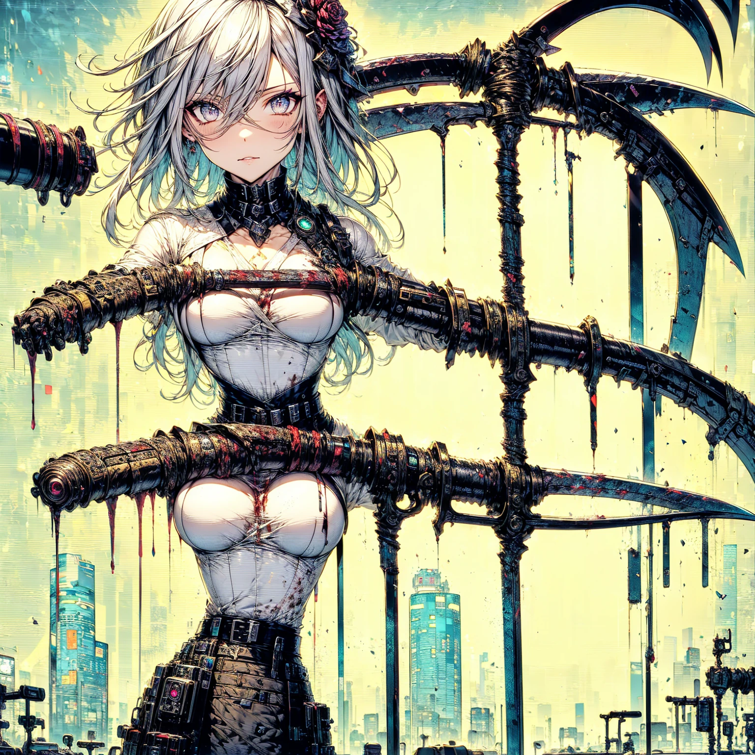 (One girl, Gray hair Medium hair Twin braids, Frowning) (Digital) (Detailed zoo, (Bustier )) , Highest quality, (Torn clothes, Wet, Slime, Rib Cloth, Tentacles, Life clothes),