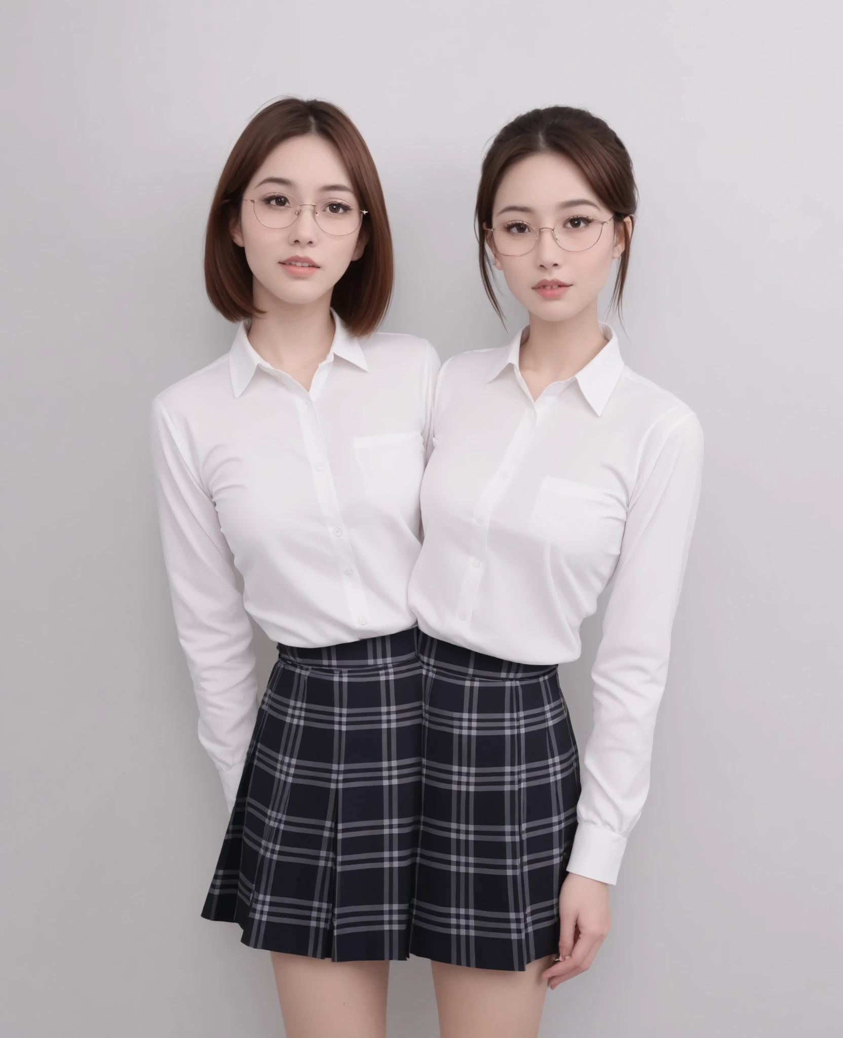 best resolution , 2 heads, woman with two heads , connected , short, reddish brown hair, midlenght cut hair, glasses, Mm, playful expression, sportswear, in plaid button-down blouse and short skirt, nerdy, round faces , long sleeves, waist, , waist, indoors,