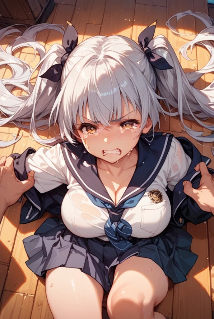 one girl, cat ears, pure, naive, sailor uniform, plaid skirt, sex, on bed, missionary sex, spread legs, drool, white hair, cute, ecstatic, creampie, small breasts, heart mark, hair clip, straight hair, neckerchief, aphorodisiac, red eyes