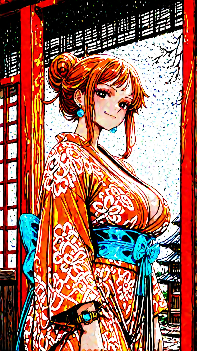 Chica de ojos grandes, ((kimono)), big breasts, (2d line:1.3), hestia ((alone)) ((only)) ((neckline)) sexy smile, orange hair