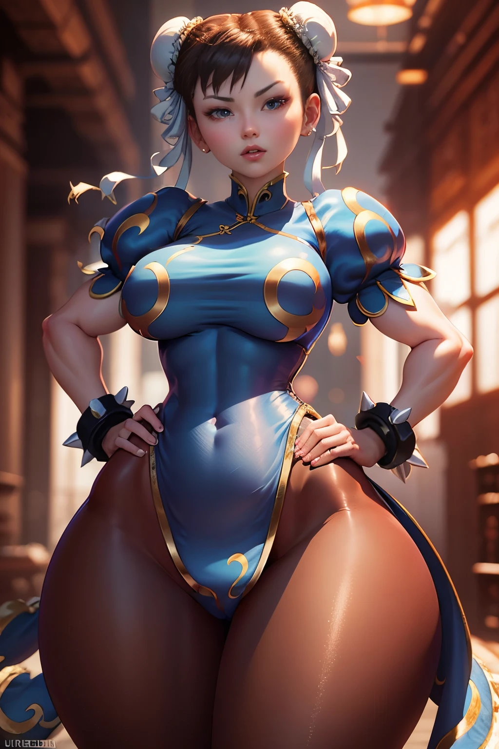 (masterpiece), (best quality), 8k resolution, ultra-detailed, hyper-detailed, realistic, photograph, photorealism, (1girl), Chun Li, Chun Li costume, perfect body, smile, posing for photo, huge breasts, muscles, thick thighs, thick legs, wide hips, slim waist, hourglass figure, (full body)(topless:1.3)
