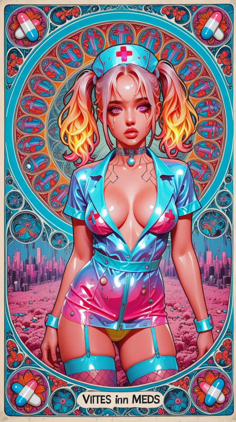 Create an image of a dynamic and intense comic book character, resembling Harley Quinn, in a (vivid and chaotic urban battlefield:1.6). The character has a pale face with exaggerated makeup: (blue eyeshadow on one eye:1.6) and (red on the other:1.6), with (matching blue and pink pigtails:1.6). She is dressed in a (tight, shiny, red and blue jester costume:1.6) with a white ruffled collar and pom-poms. She is (wielding a giant candy cane dildo:1.6) like a weapon, holding it across her shoulders with a mischievous, wide-open grin. The background features a cityscape in disarray, with exploding cars, flying playing cards, and debris creating a sense of action and chaos. The image should be vibrant, with sharp contrasts and a surreal, high-energy feel.