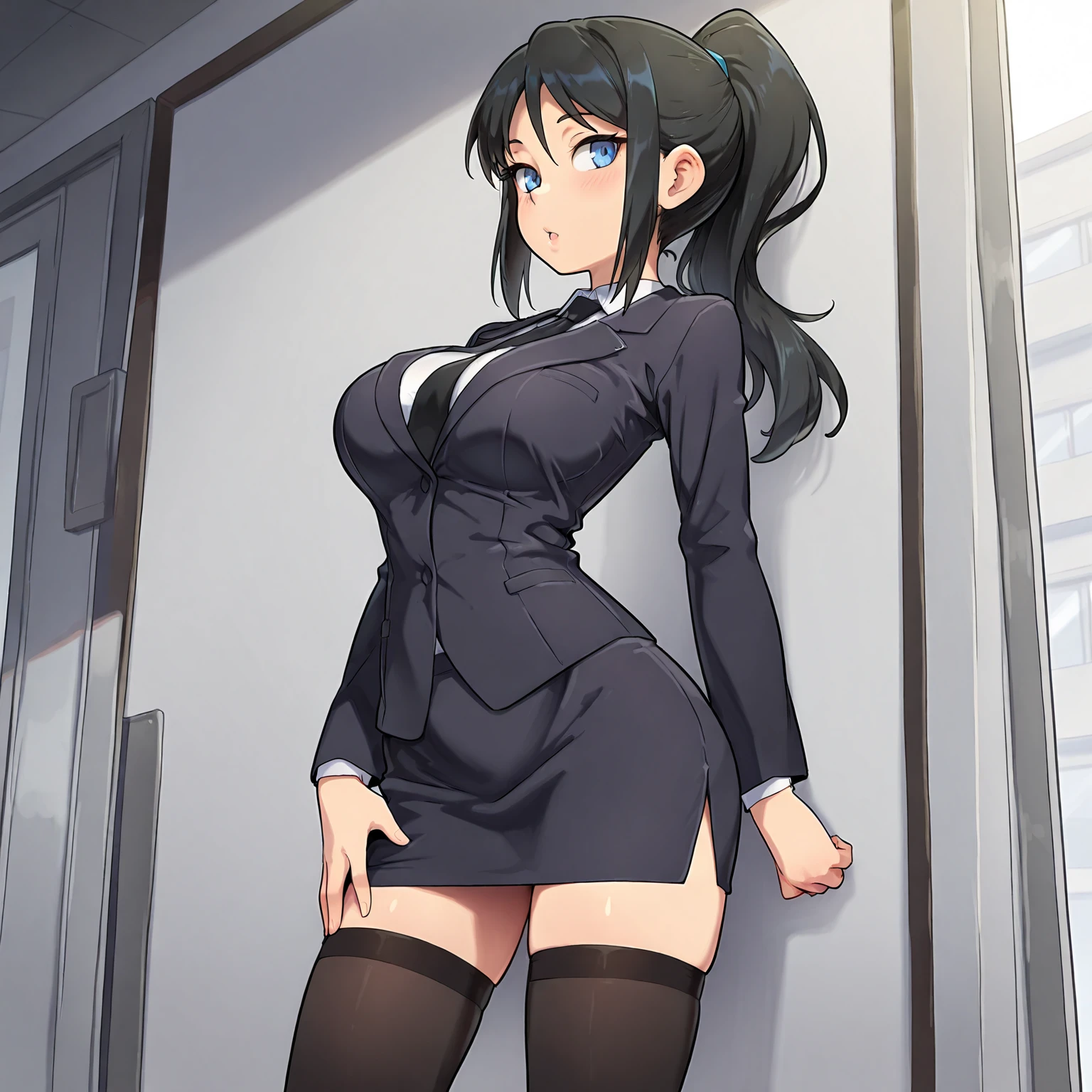 juri han, work of art, tight white secretary shirt with black tie, black high waist skirt, short skirt,stocking, black hair, black tights,evil smile,office,franja nos olhos,lighting,chifre de cabelos,view from above,olhando para cima