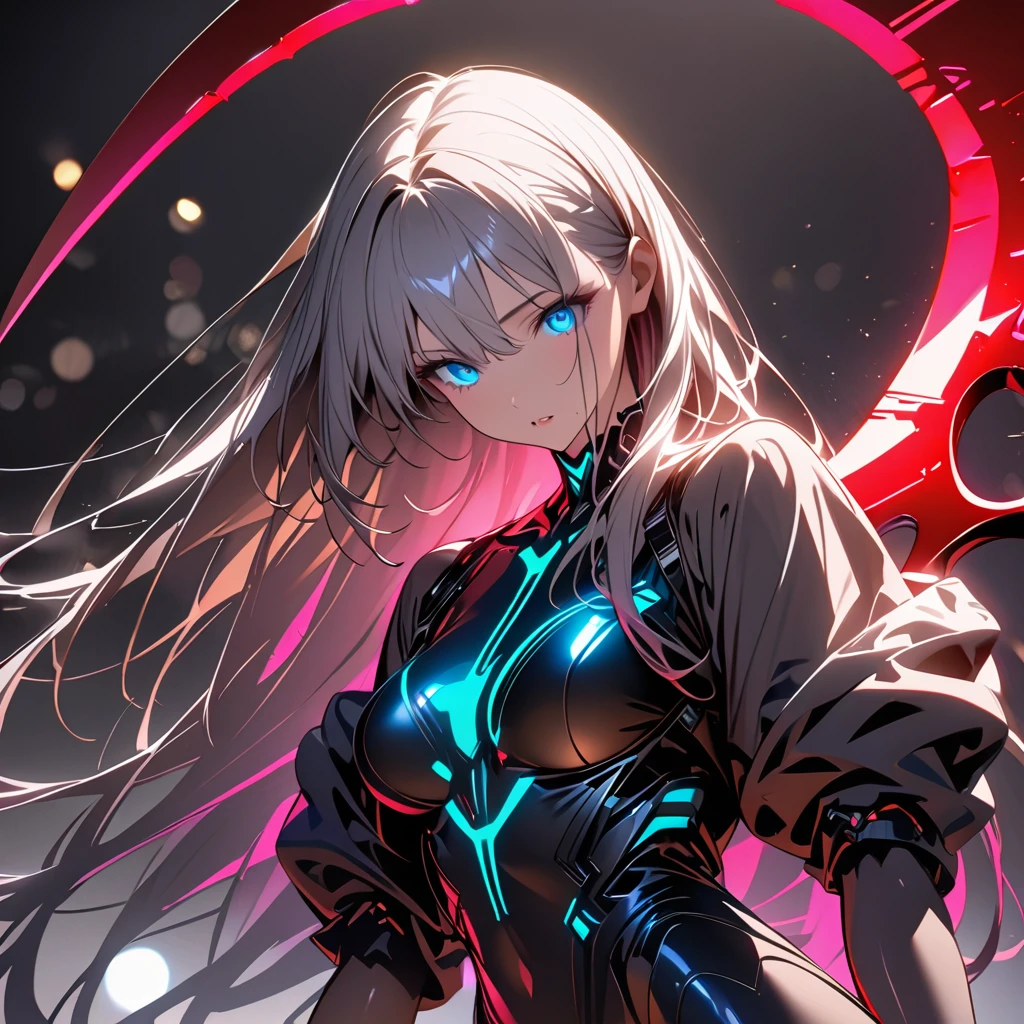 1girl, black armor, mythical, red crimson effects, breaking through dimensions, blue eyes, very long hair, ahoge, white hair, striking down the monsters from hell, red particles coming from the sword, dark, destruction, death, armies of hell, petite, flat chest, emotionless, cold attitude
