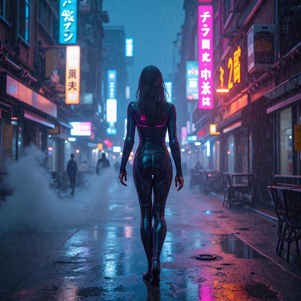 High resolution、8k、One beautiful girl、Japanese、Future World、Cyberpunk City、Bodysuits、Colorful glowing neon、