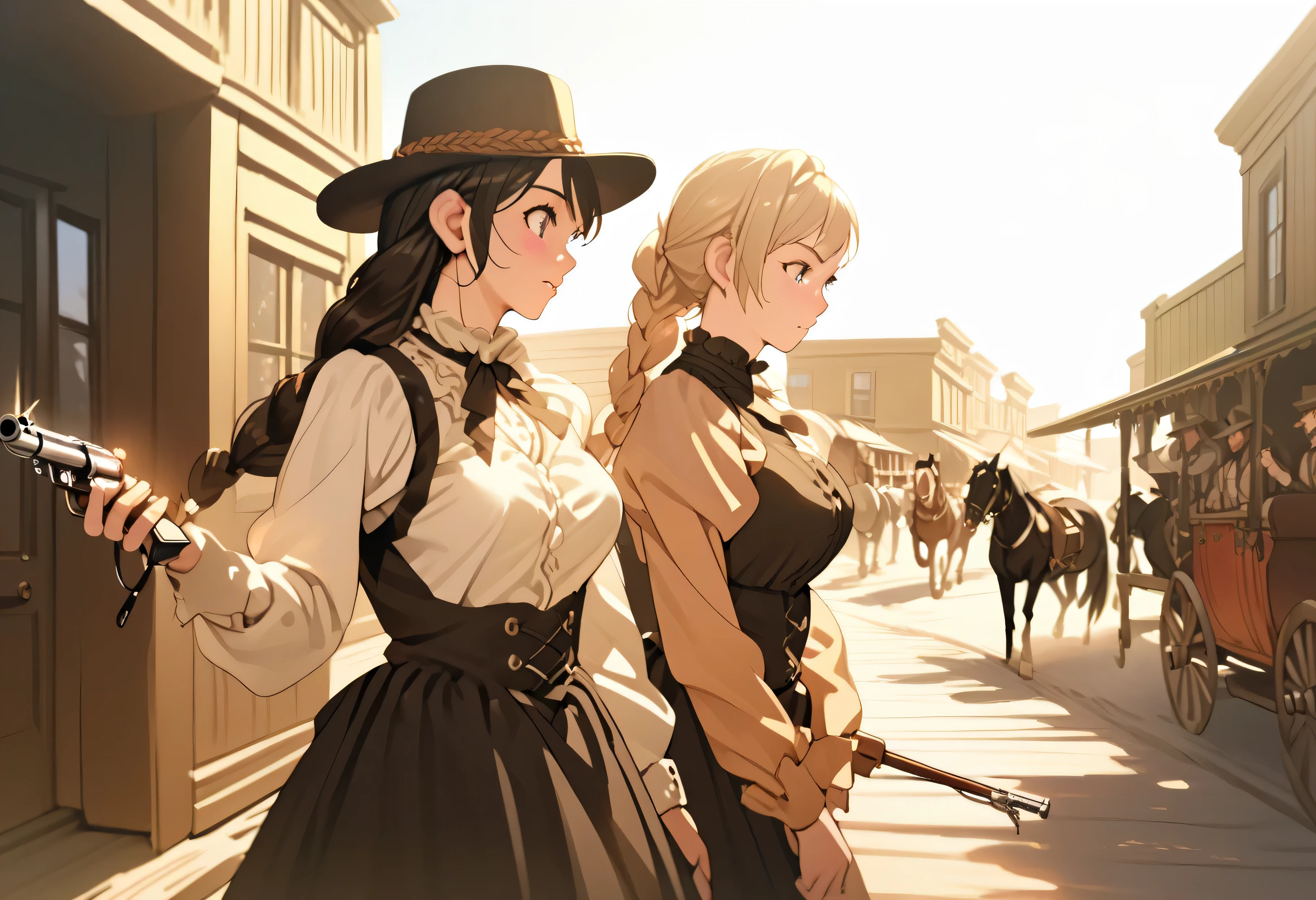 (Masterpiece: 1.0). Absurdres. Highly detailed. Two girls in Victorian era period costume have arrived in Dodge City, Kansas, circa 1880 period. Artistic style of Frederic Remington. Cowboy atmosphere. Authentic 1880s period details. No automobiles, telephone poles or wires, please. Wild West setting, with saloons, stagecoach, horses and gunslingers in the broad muddy street. 2girls. Hanekawa Tsubasa and Kazami Mizuho. One girl is carrying a green hurricane lantern, the other girl has a horse pistol. Best quality, realistic, 8K, professional, highly detailed, masterpiece, detailed background, daytime, natural sunlight, ultra-fine painting, detailed background, Hanekawa Tsubasa, Kazami Mizuho, mature, rendered in anime style, surprised expression, detailed facial features, standing posture, realistic skin texture, realistic clothing folds, daytime, sunlight, midrange shot, Wild West environment, warm color palette, dramatic lighting