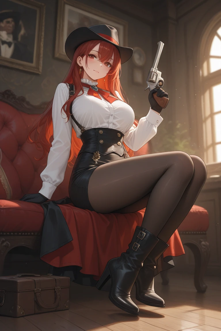 woman wearing suspenders and miniskirt, leather, straps, buckles, steampunk, open leather duster, red hair