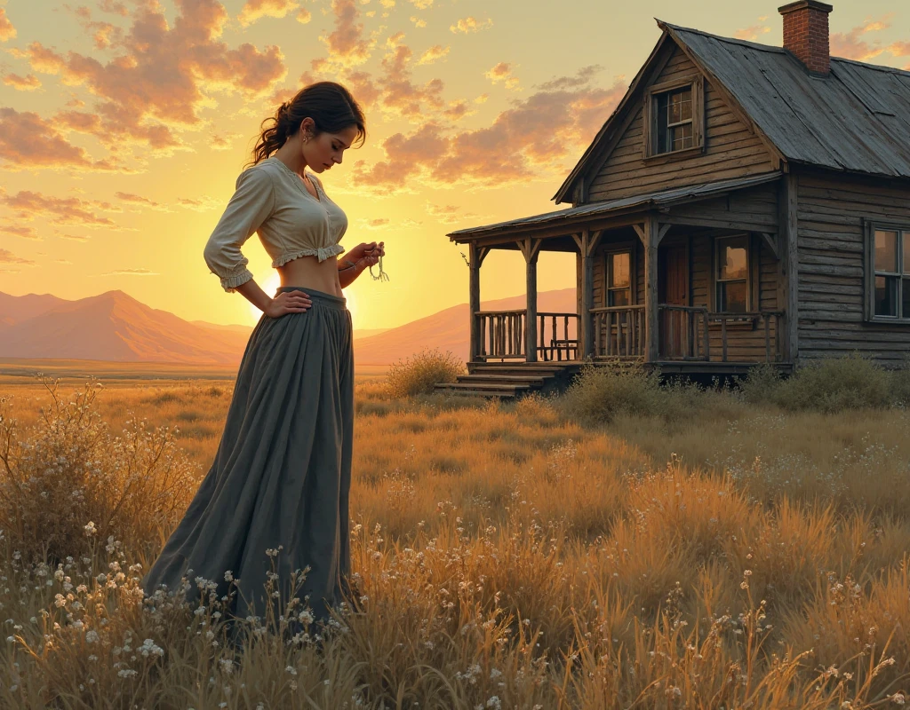 A beautiful illustration of America's Old West, A woman takes care of her panties, I can see a wooden house behind her, The sun is shining on the horizon,