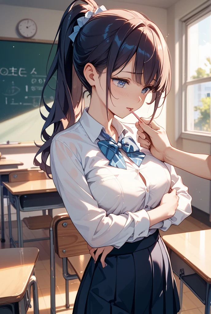 ((best quality)), ((masterpiece)), ((detailed)), (((perfect face))), (((slender 18yo teenage girl))), (((dark blue jacket))), ((dark blue pleated skirt from waist to thighs))), ((dark brown hair)), ((short ponytail)), (((blue eyes))), ((shy:1.3)), ((blushing:1.5)), (((looking up at viewer))), (((unbuttoned white shirt))), (((classroom))), (((cleavage)))