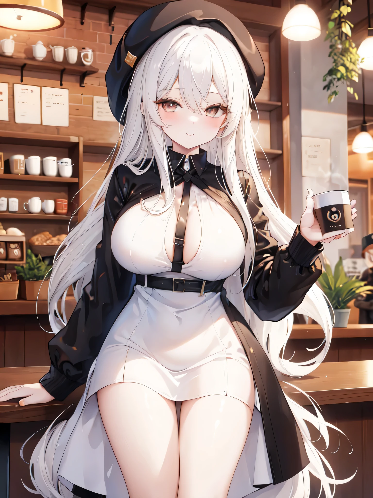 (masterpiece, highest quality), (ultra high resolution, 8k RAW photo, photorealistic:1.5, textile shading, Thin contours), Beautiful mature woman preparing for tea time, (Tea set, Tea cup), Wearing traditional maid clothes, Maid clothes:1.2, long flare skirt, apron, tall and leggy, long white hair, (28 years old, alone), (big breasts, , big , tight waist), (long white hair, hair above one eye, half up hair, asymmetrical hair, wavy hair), (bright pupils, fine eyes, high definition face, perfect face shape, eyelash), (enchanting smile, half closed eyes), (view audience:1.3), (dynamic angle, thigh focus, from the side and above:1.2), ((correct anatomy:1.5, correct move)), (ideal body proportions),
