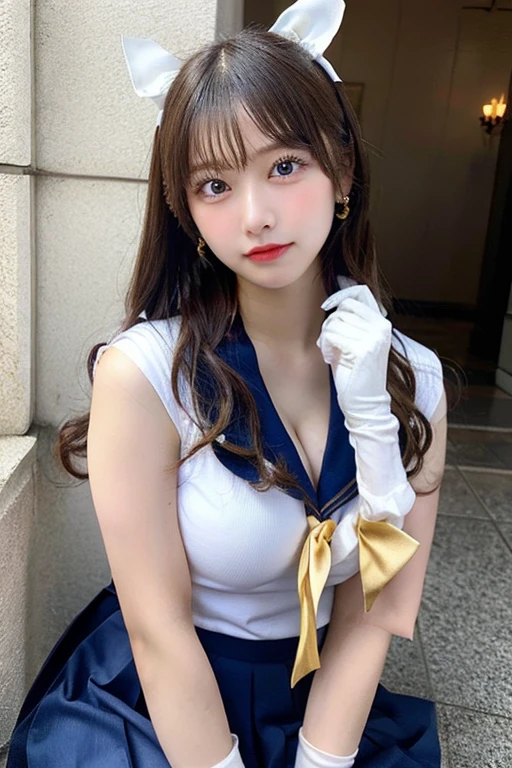 (8K、RAW Photos、Highest quality、masterpiece:1.2)、(Realistic、Realistic)、1 girl、((Sailor Moon Costume:1.5、With pubic hair、Large Breasts、Full body from the front、Standing with hands behind back、))、Lots of eyelashes、Glowing eyelids、skeletally correct、smile、This photo will awaken boys to sex
