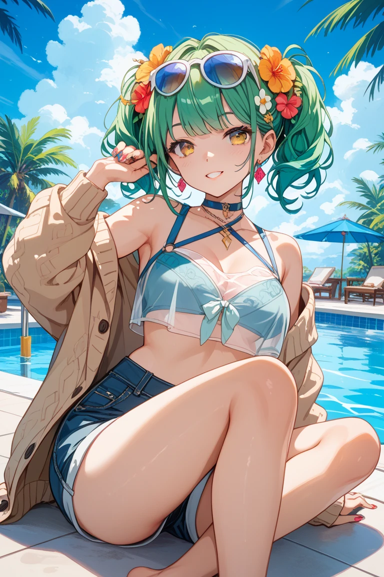 ((Masterpiece)), (Squat)), (Sit on a White Beach Chair and Drink Tropical Juice), (Bikini with Tiger Print)), 1 Girl, Longhair, Ponytail, (Green Hair), Sad Smile, Aqua Eyes, Small, 15 Years Old, Noon, Sunshine, Seaside, Fantastic Sky