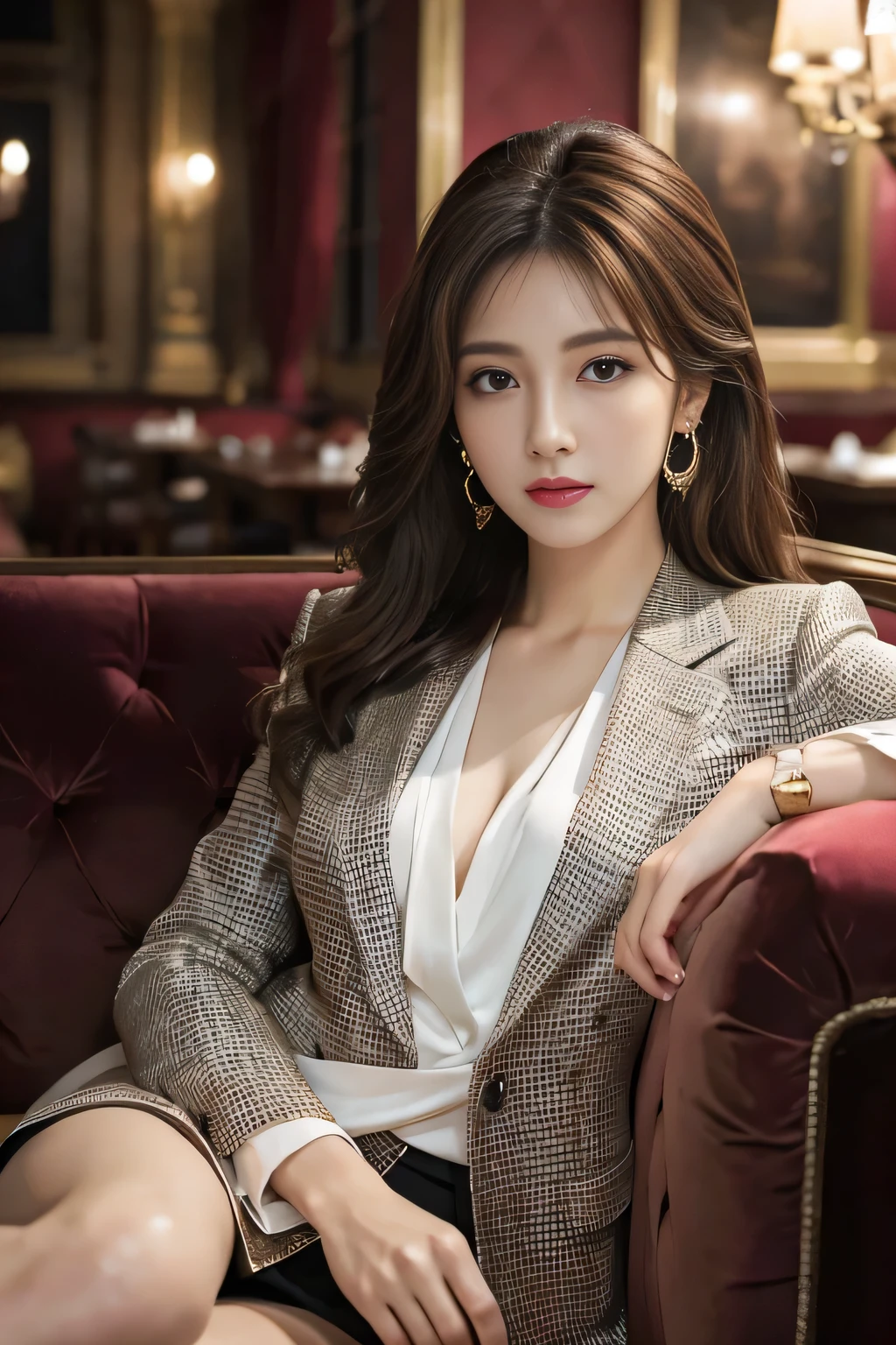masterpiece, Highest quality, Realistic, Very detailed, Finer details, High resolution, 8k wallpaper, One beautiful woman, Wear a nice suit, In a great restaurant, At night, Light brown messy hair, Perfect dynamic composition, Beautiful and beautiful eyes、Big earrings、Sit on the sofa