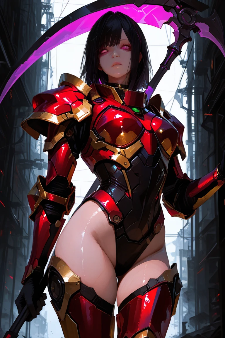 Ryuko matoi, Ryuko matoi from kill-la-kill, big breasts, voluminous breasts, bulging breasts, firm breasts, closed chest, ruined city, tight suit, red and black suit