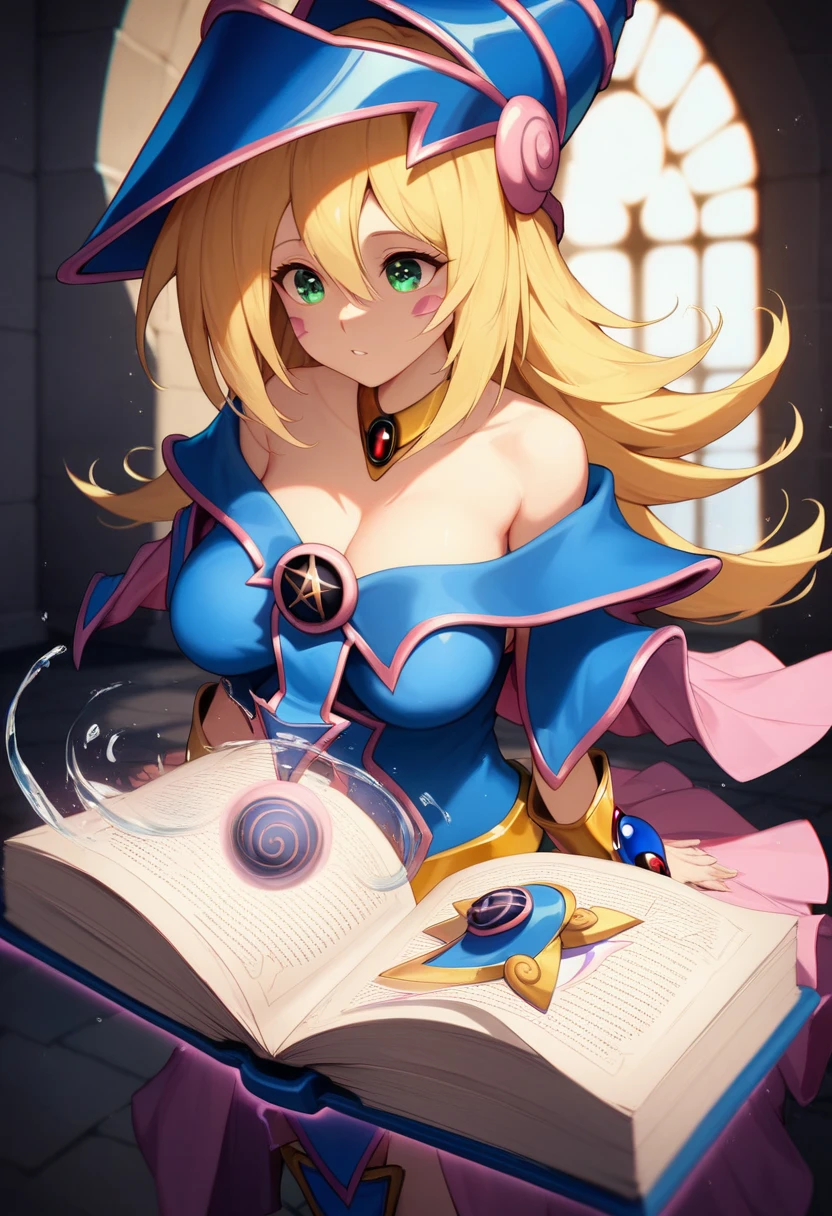 In the center of the library, a solitary book rests on a pedestal, bathed in a soft, ethereal light that illuminates the surrounding darkness. With trembling hands, the young adult opens the book, its pages glowing softly as magical words begin to appear, swirling around her in a mesmerizing display.