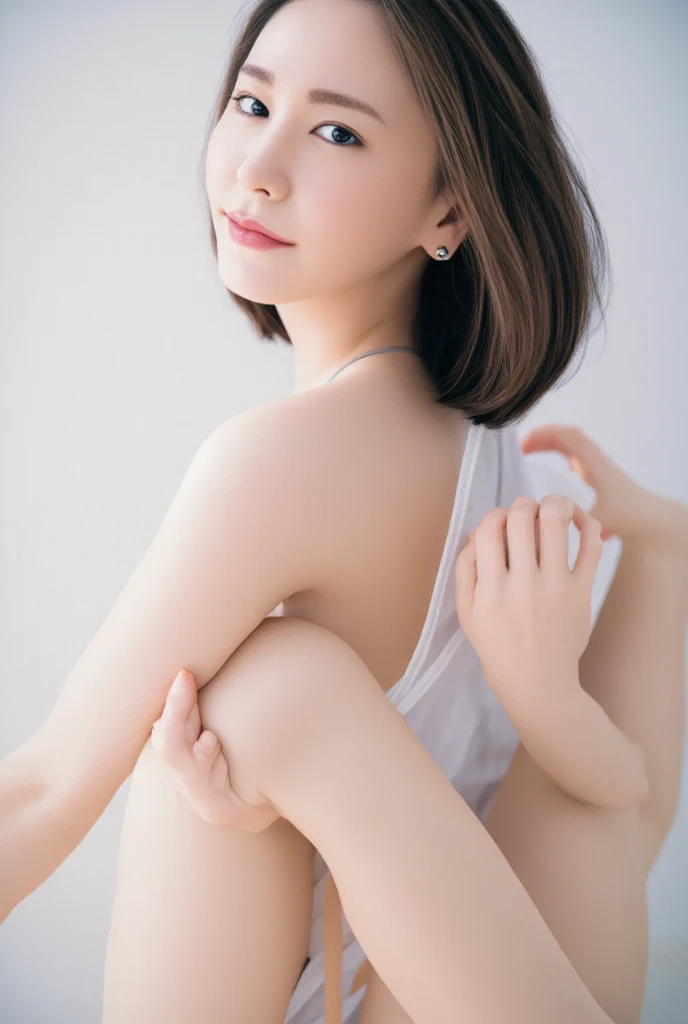 (high-detail、hightquality、high-level image quality)、(Upper body naked:1.6、I'm not wearing anything、Nothing attached、super model:1.3、Highlights in the eyes)、Look firmly at the camera、Short bob cut with clean bangs、the neck is long、neck long、Clean collarbone、pretty skin、Perfect body、Perfect fingers、perfect arms、perfect hand、Smaller face、Clean belly button、big breasts thin waist、Open your crotch、Look firmly at the camera、(Immaculate white background with nothing really、Immaculate white background with nothing really)、Perfect Anatomy、very large breast、very Bigger breasts、very large areola、Big breasts、Clean areola、adult appeal、closes mouth、smil、Smiling happily、Smile happily、ashamed and chuckle、A little wind blows、((Rear View:1.3))