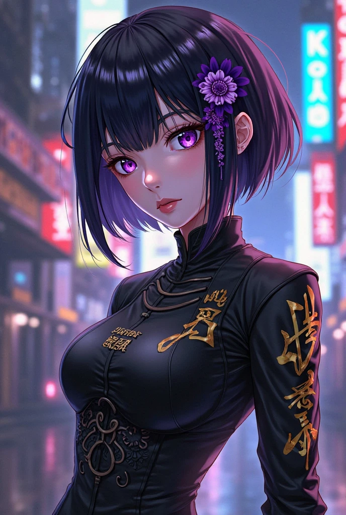 anime woman  is wearing aesthetic outfit with a purple text "amethyst" on her clothes, in citylights background