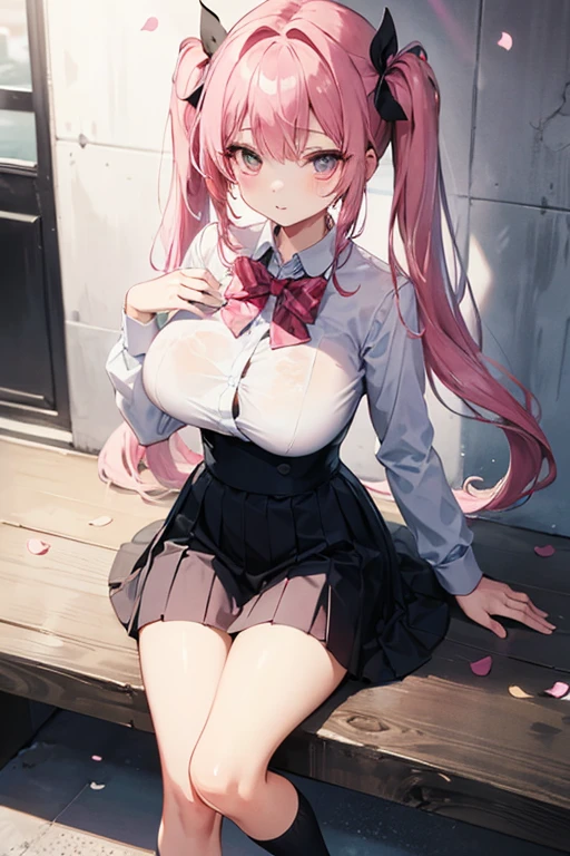 one woman, pink hair, gyaru, canine, aquamarine eyes, Double bun ,
navel, manicure, curly long hair, neat white uniform, smiling parabolic eyes, smile brightly, squatting cleavage, cute, short pink skirt, very large breasts