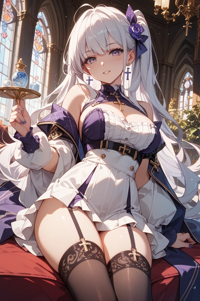 absurdres, highres, ultra detailed, (1girl:1.3),
BREAK , High resolution , Design an image featuring beautiful calligraphy ,and a sense of craftsmanship and skill. Beatiful shaped feets , sexy feet , showing feet , teasing , laying , queen , smile , blush, ( all naked body ) , long hair , big bare breasts , skirt , maids costume , NSFW , Sharp and shiny colors , shiny white skin , white hair,