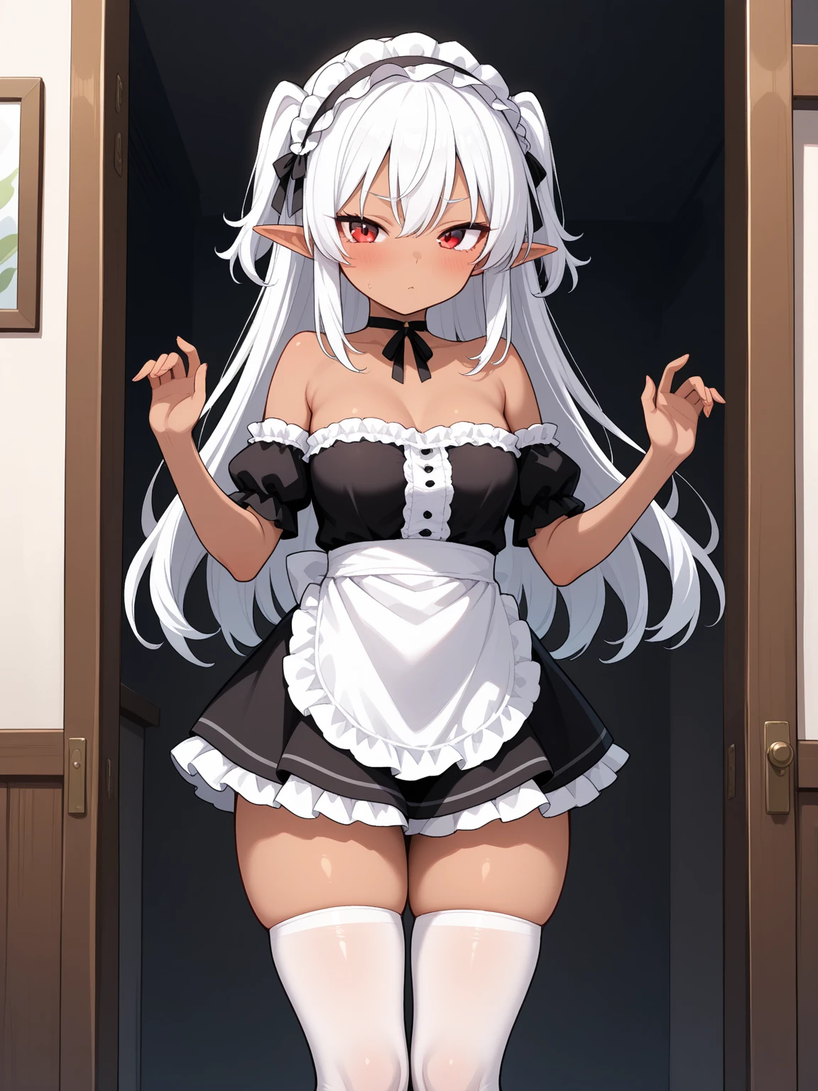 narmaya、1girl, highest quality、masterpiece、realistic、sensual body、tits, puffy nipples, spread legs、long hair、((highest quality、8k、masterpiece:1.3))、NSFW、erotic legs with (black thighhighs:1.3), bed invitation, kawaii face, hands behind head, (tears, crying,:1.2), half clothes, topless, (seductive smile:1.3), ((masterpiece)), ((best quality)), 1girl, beautiful young woman, maid uniform, black dress, white frilly apron, white ruffled headband, thigh-high white stockings, black mary jane shoes, long black hair, bright blue eyes, sweet smile, standing pose, cafe interior background, warm lighting, soft shadows, highly detailed, digital painting, anime style, trending on pixiv